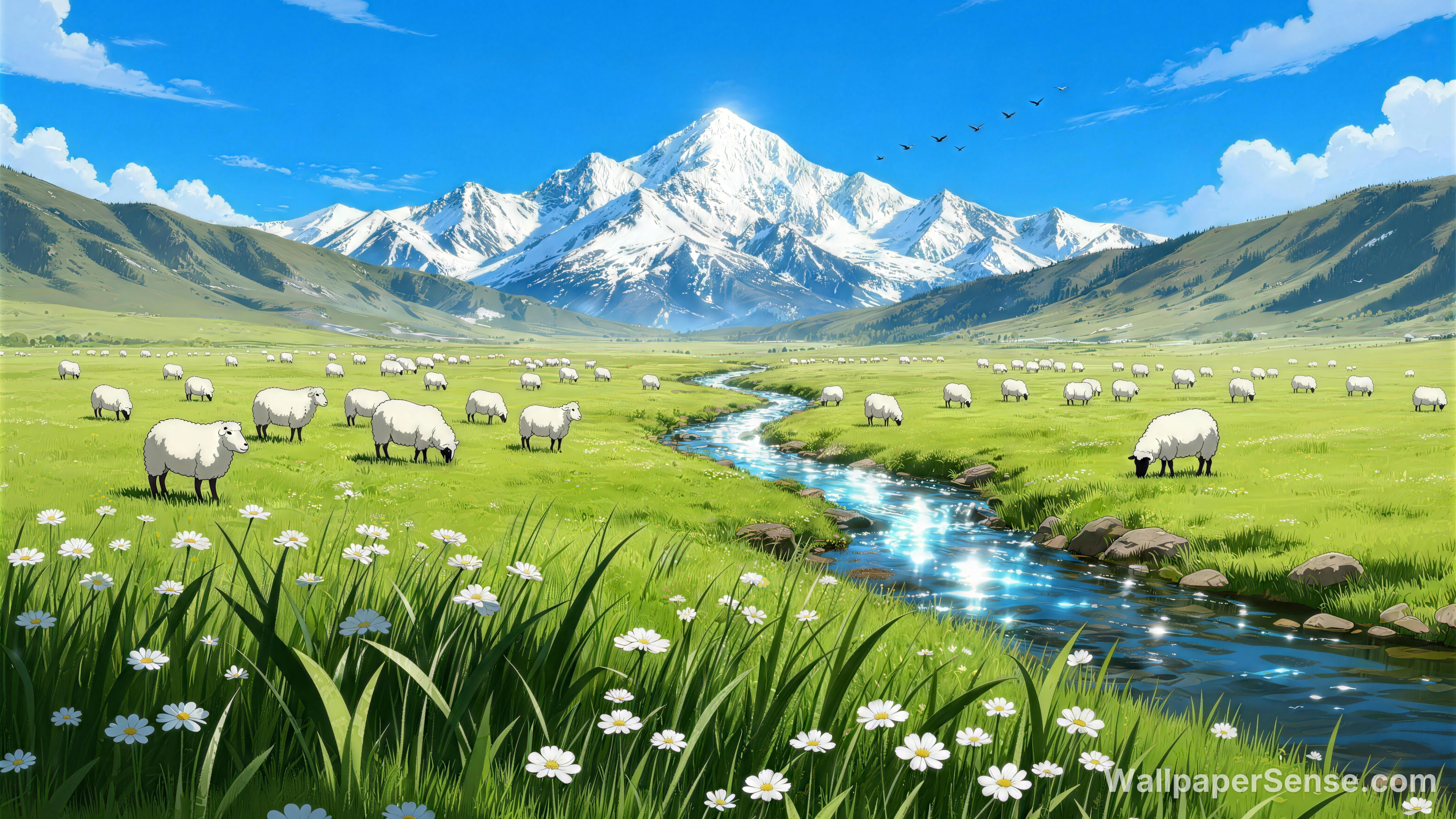 Anime-stilisert snødekket fjell og eng 8K-skrivebordsbakgrunn - Premium wallpaper in 8192x4608 resolution