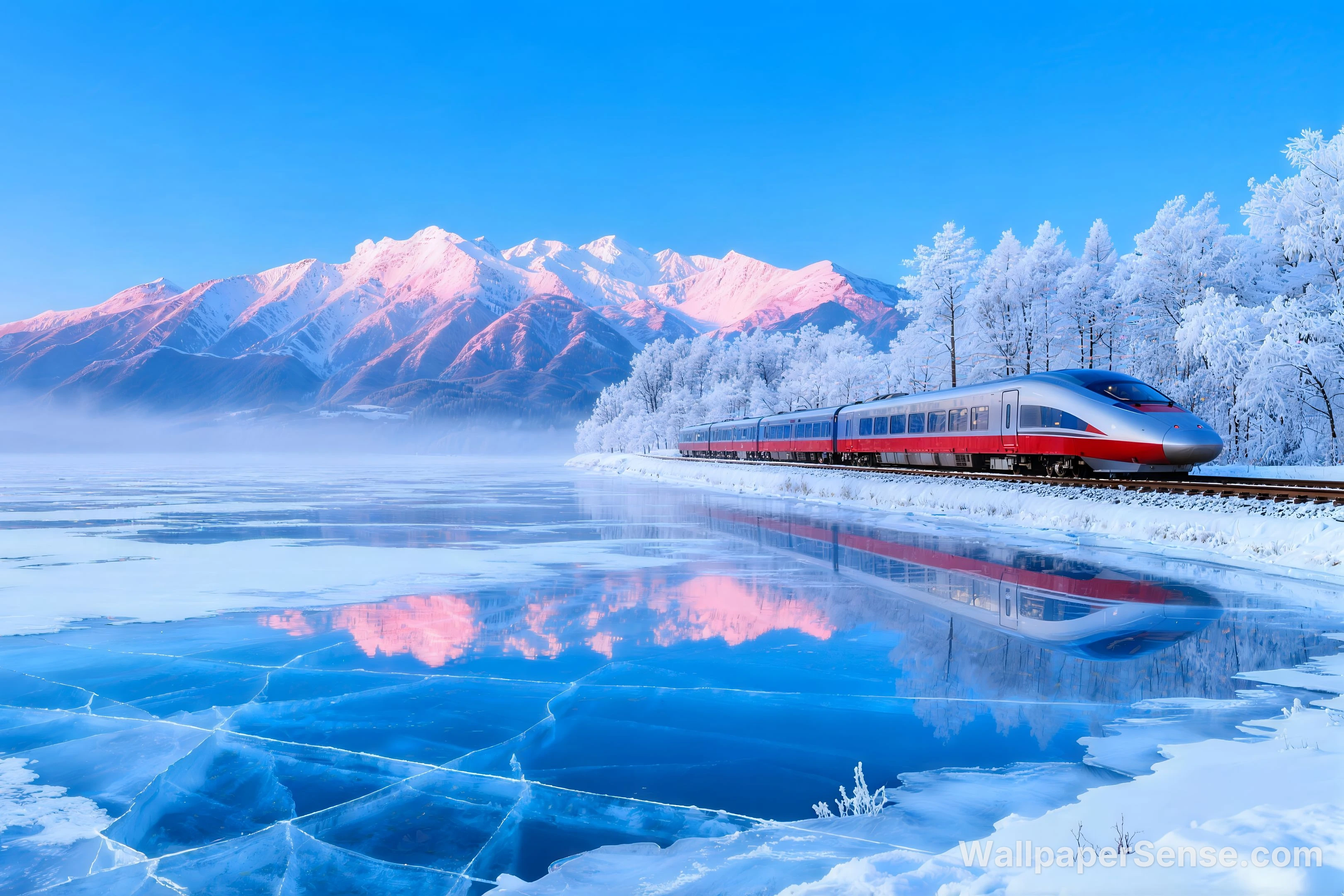 Treno in paesaggio innevato in stile nordico, wallpaper desktop 8K