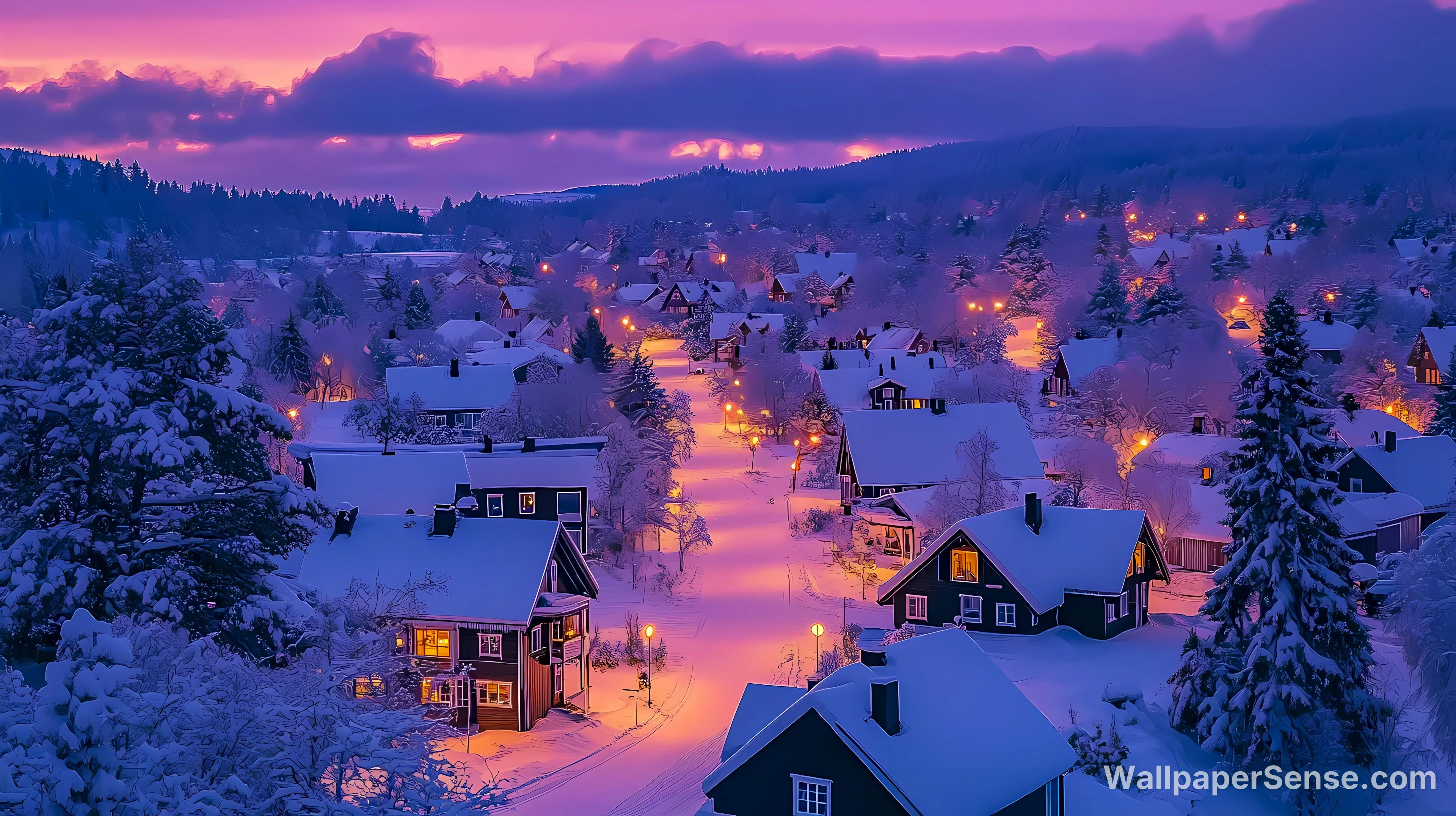 Sunset d'un village hivernal 4K - Fond d'écran