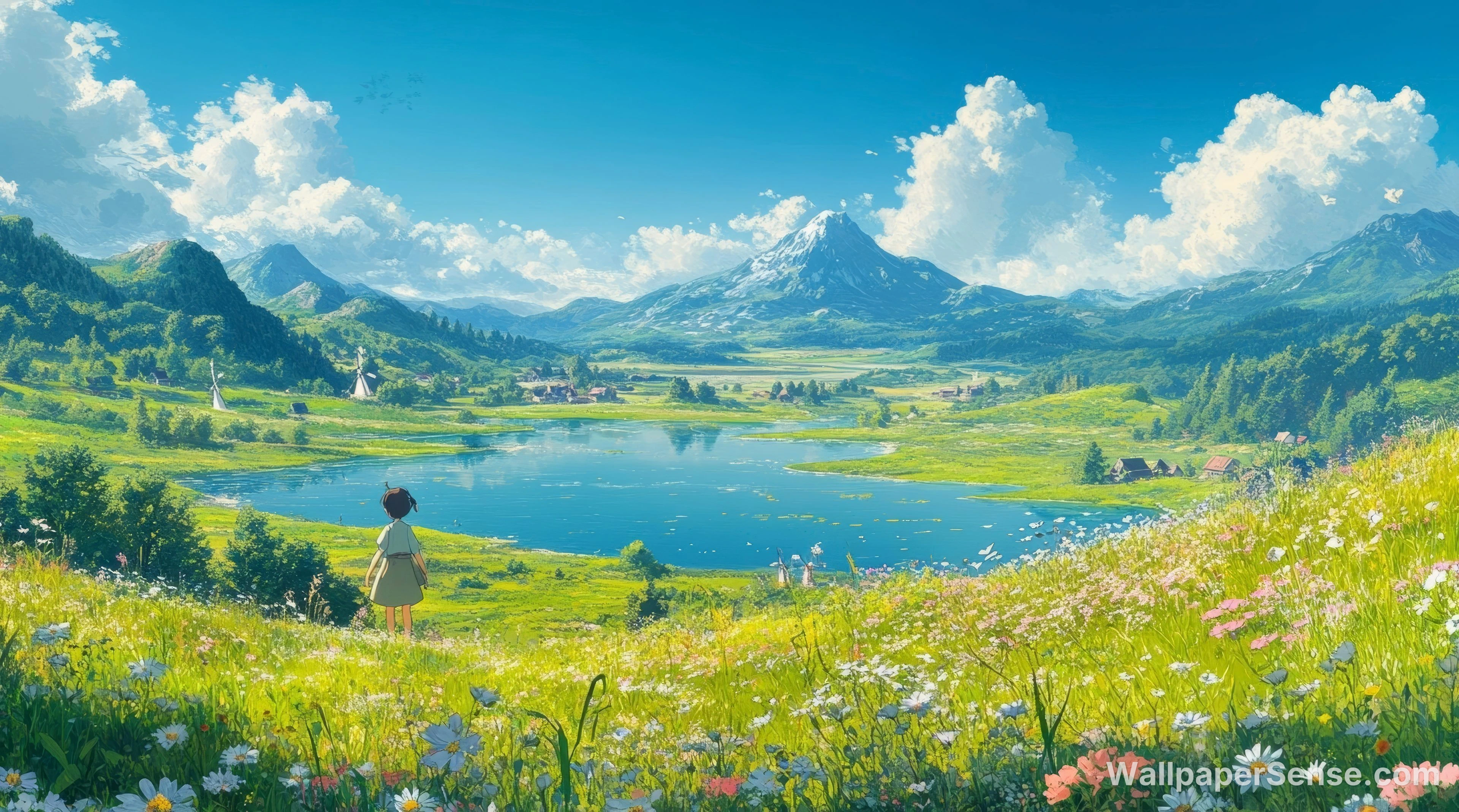 Miyazaki-Style Valley Lake Scene 8K Desktop Wallpaper