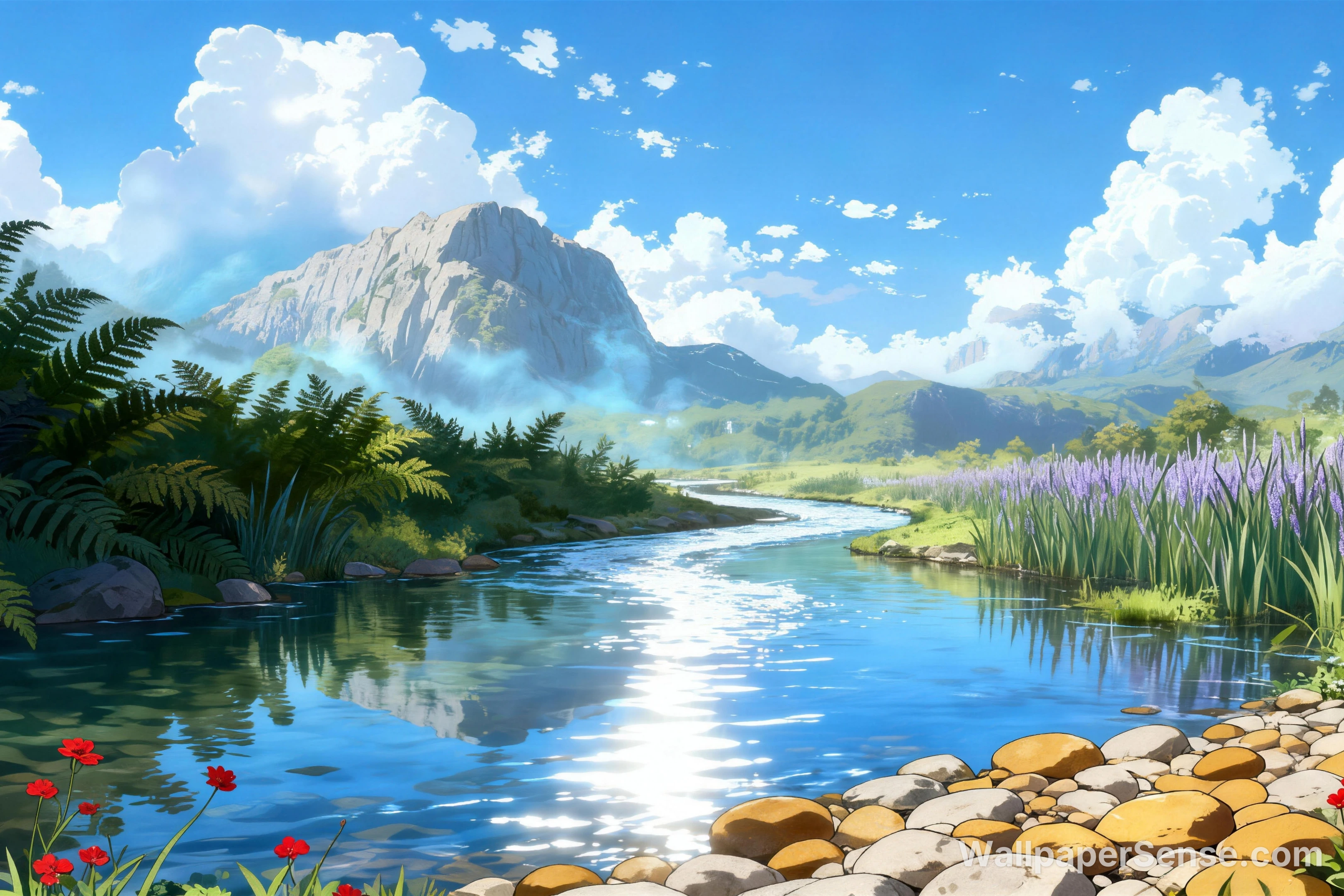 Japonská animace: potok v údolí, 8K ultra HD pozadí pro plochu