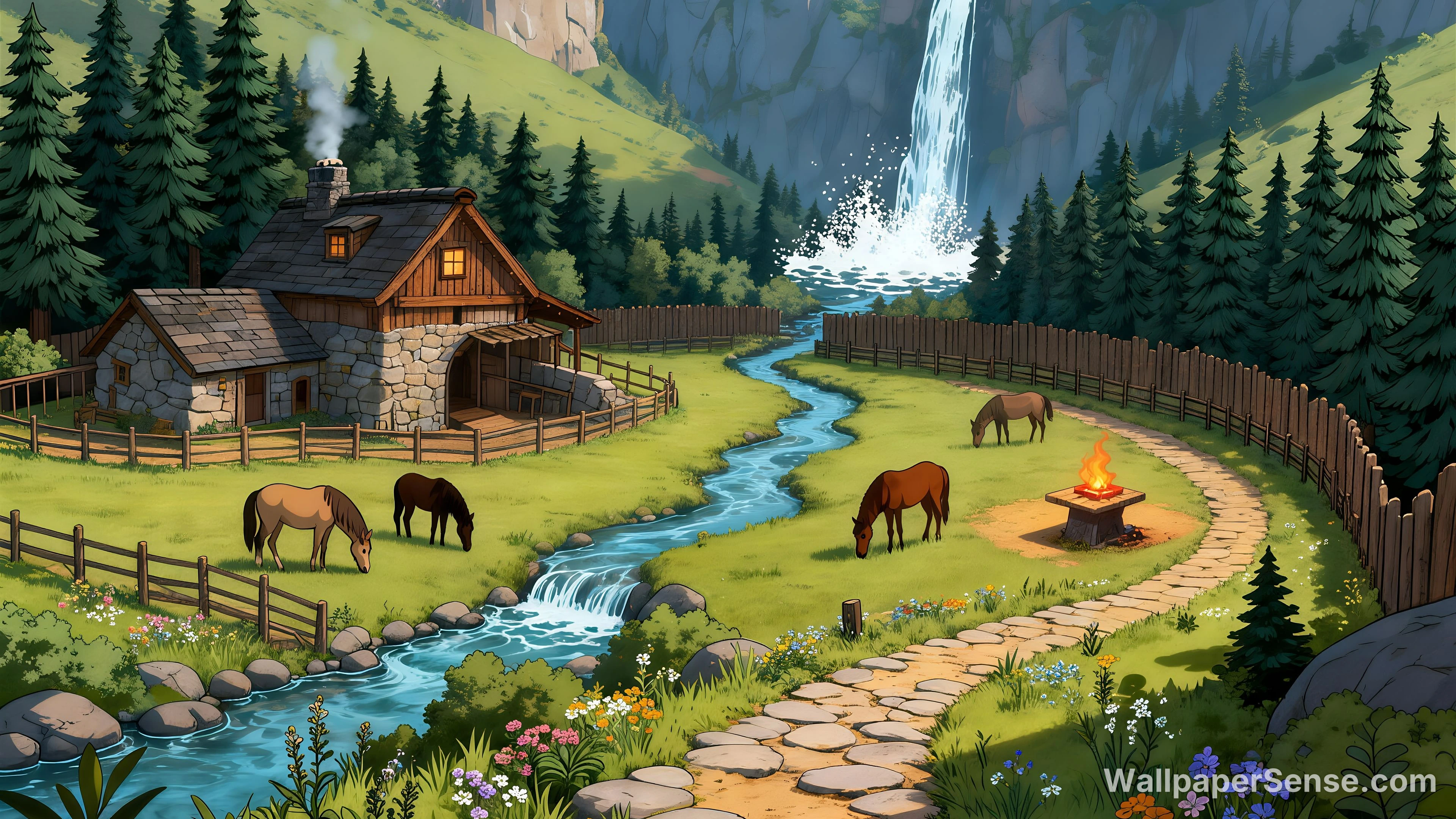 Cartoon-Style Mountain Cabin 8K Desktop Wallpaper