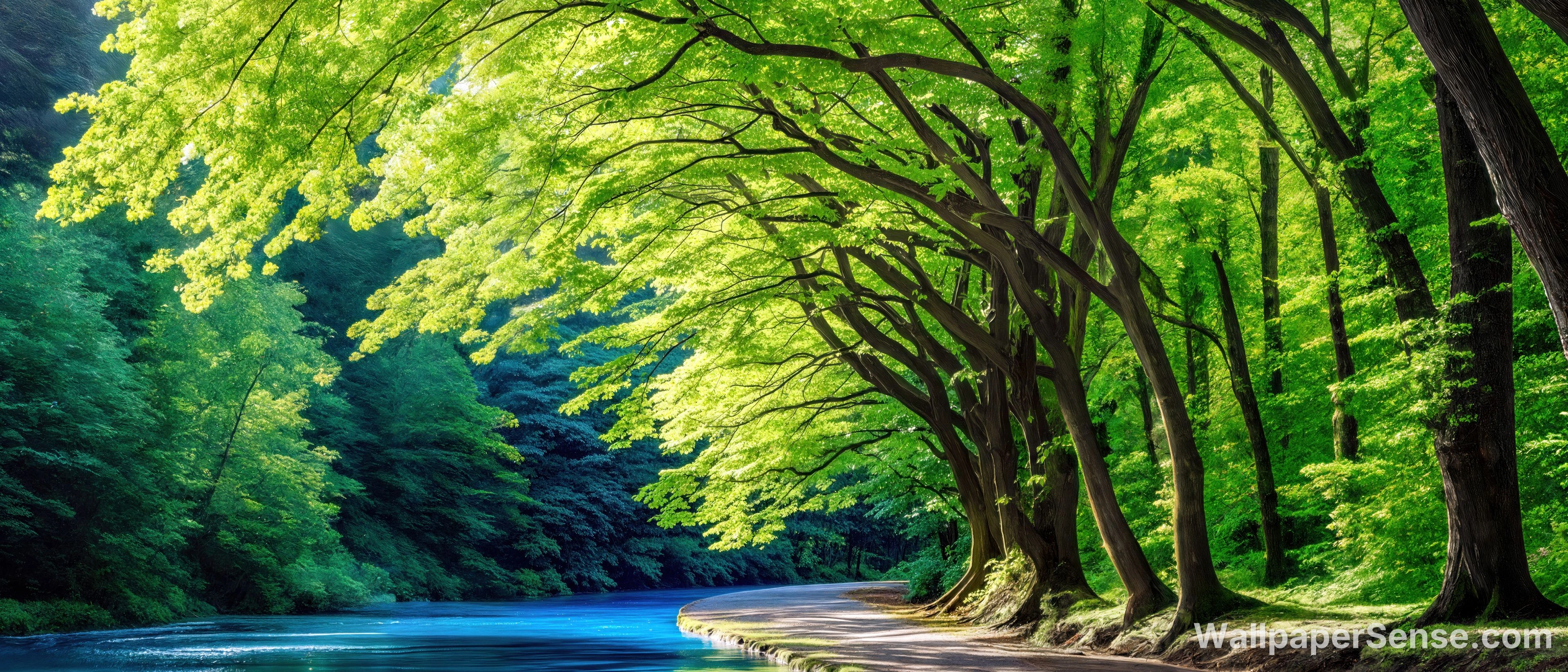 Paisagem de Rio Florestal Japonês 8K Ultra HD para Desktop - Premium wallpaper in 7680x3291 resolution