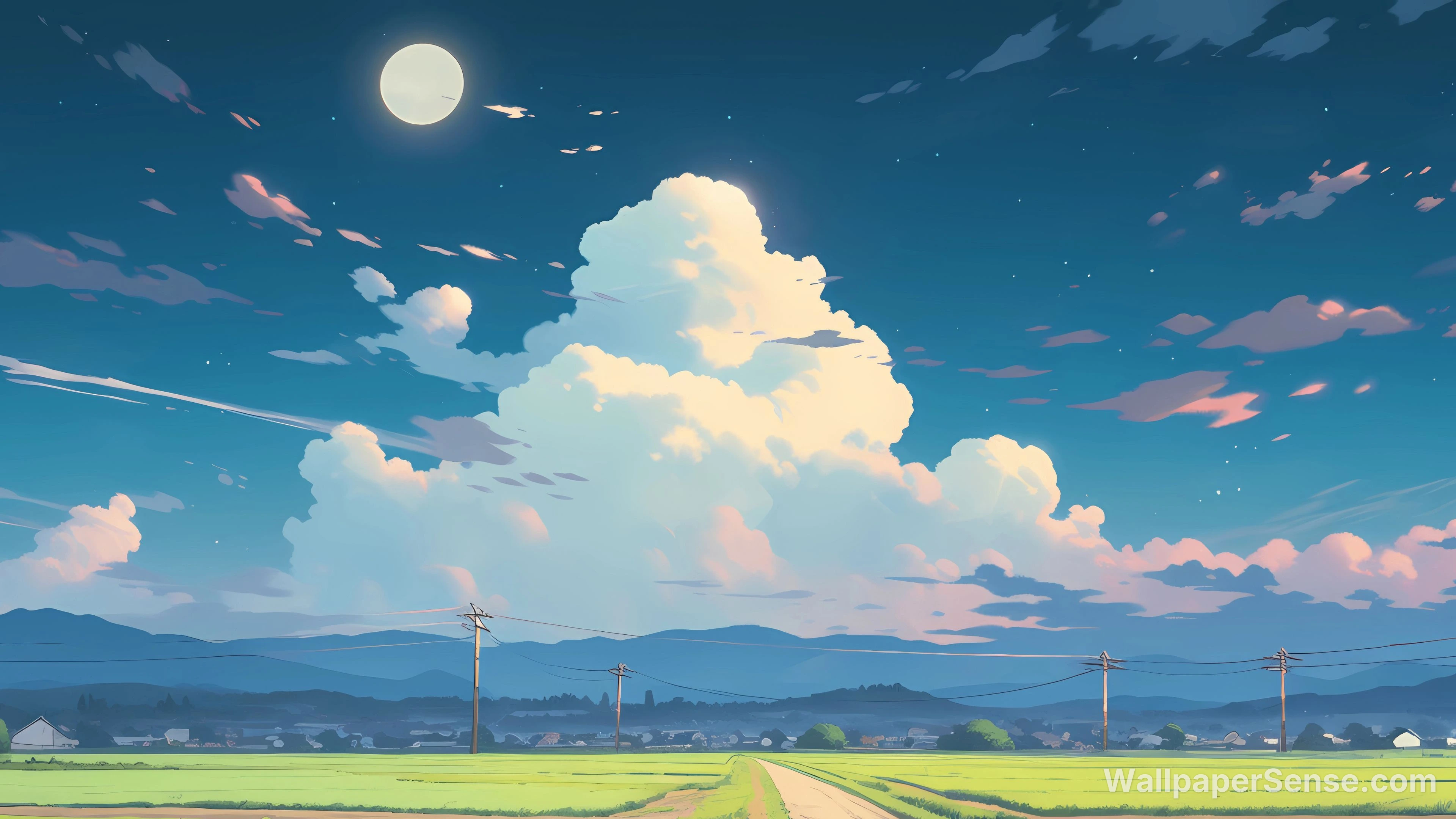 Anime venkovská pole noční obloha 8K Ultra HD stolní pozadí