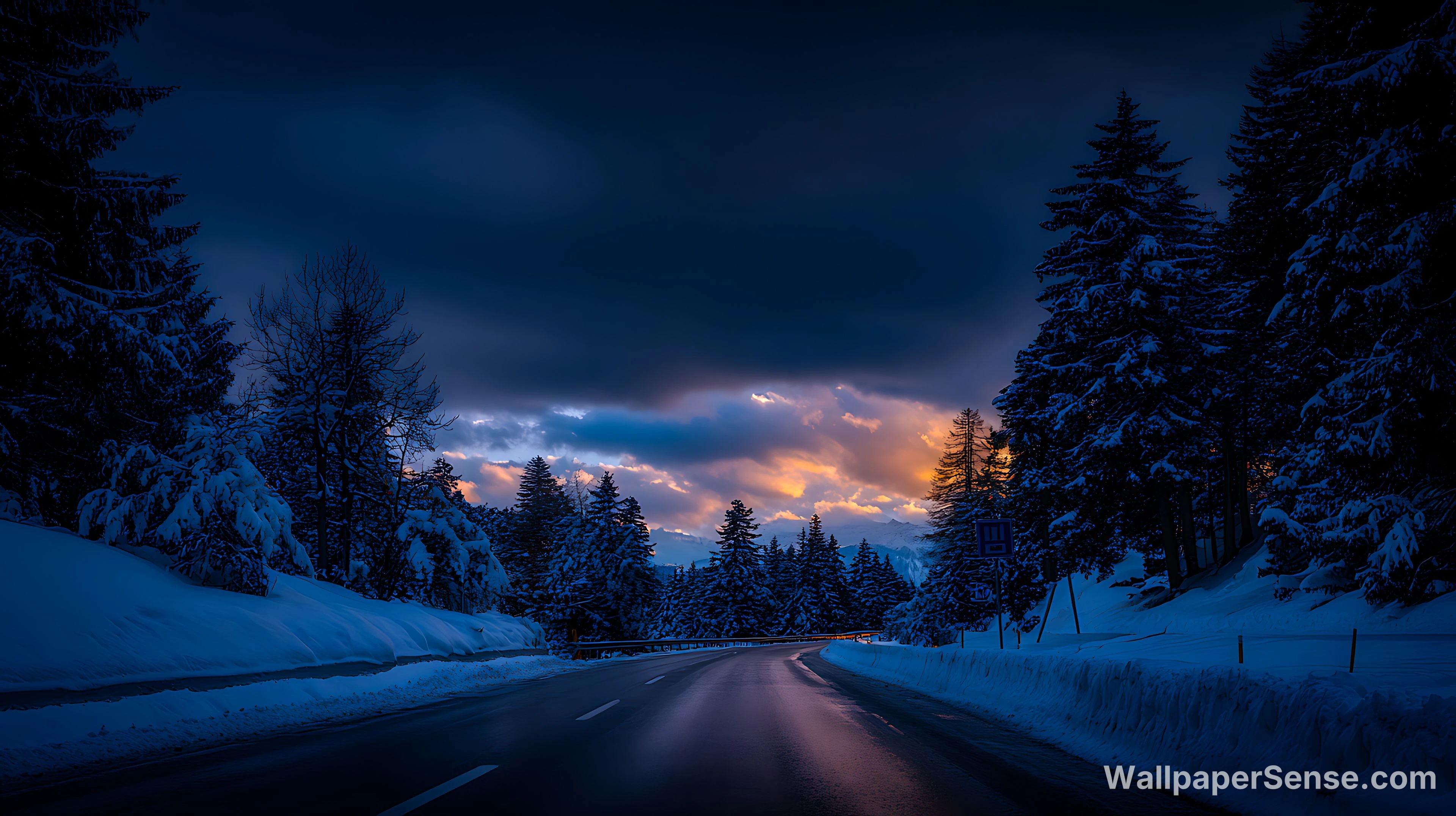 Collection de fonds d'écran 4K 8K Ultra HD : Chemin forestier hivernal au coucher du soleil - Chemin de forêt hivernal au coucher du soleil 4K Wallpaper pour bureau
