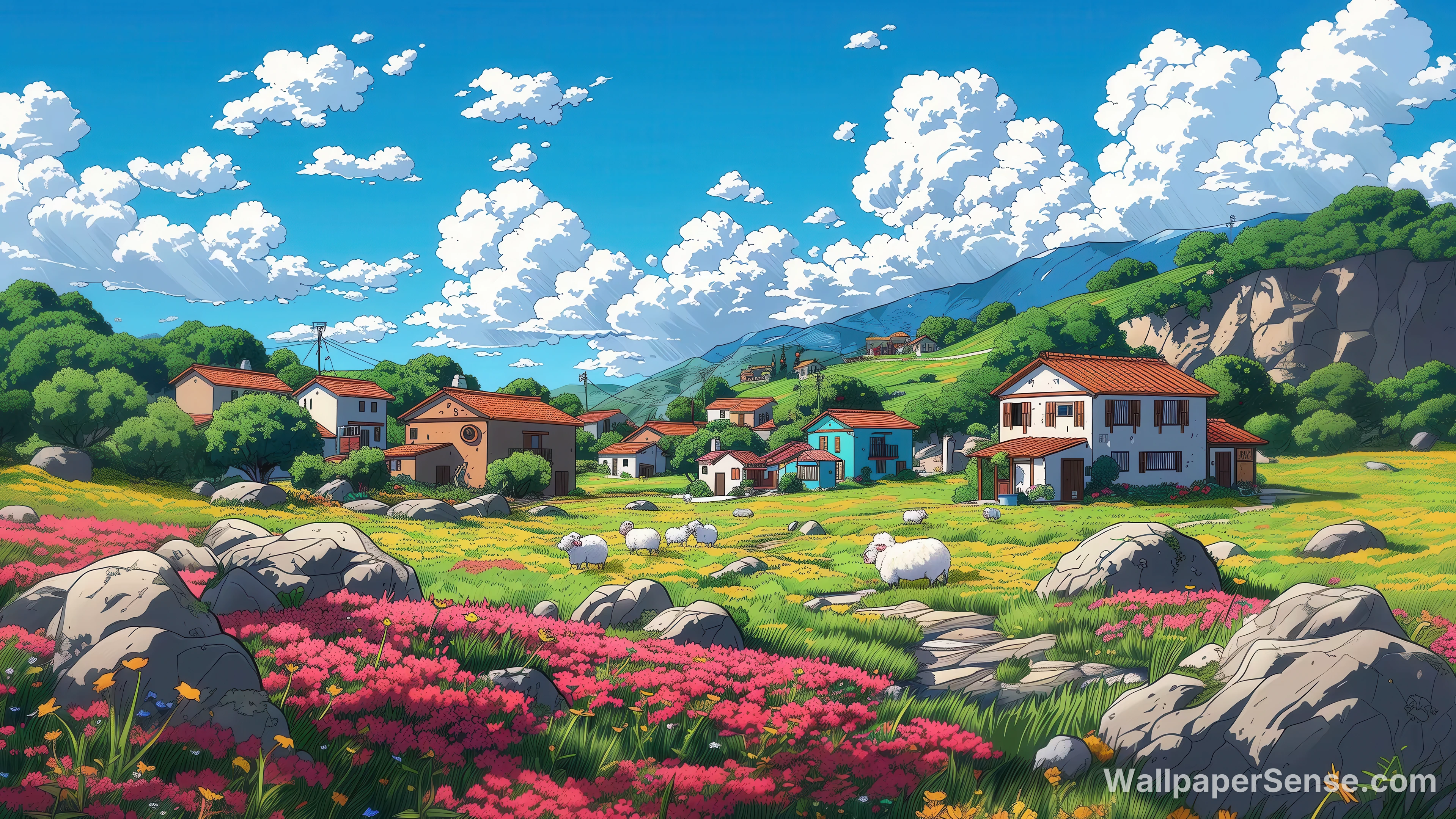 Anime Village Meadow 4K Desktop Wallpaper