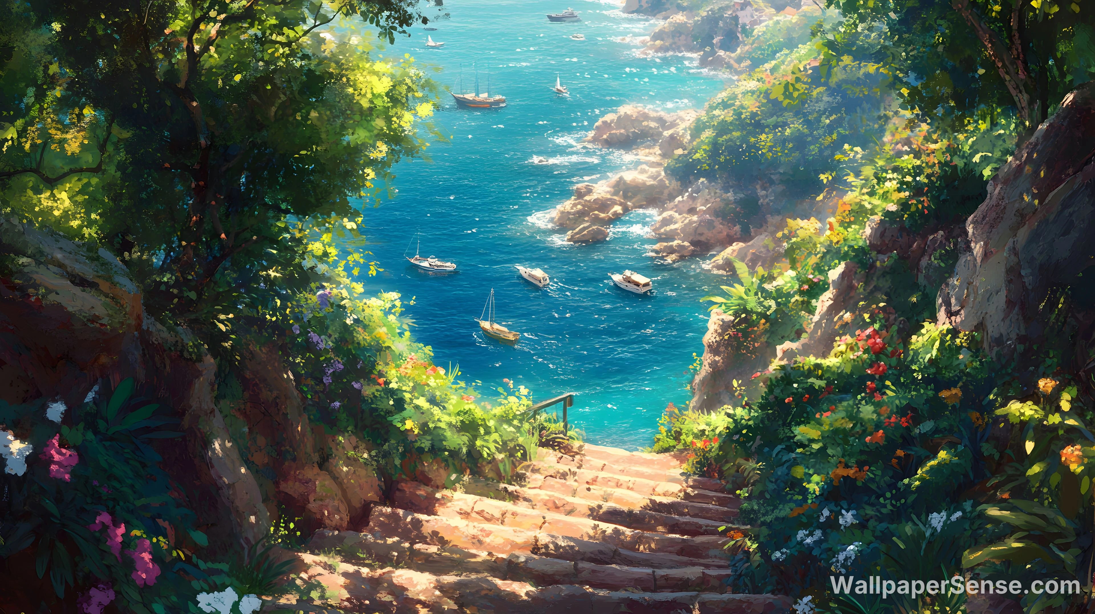 Japansk anime-stil kysttrappe 8K ultra HD baggrundsbillede