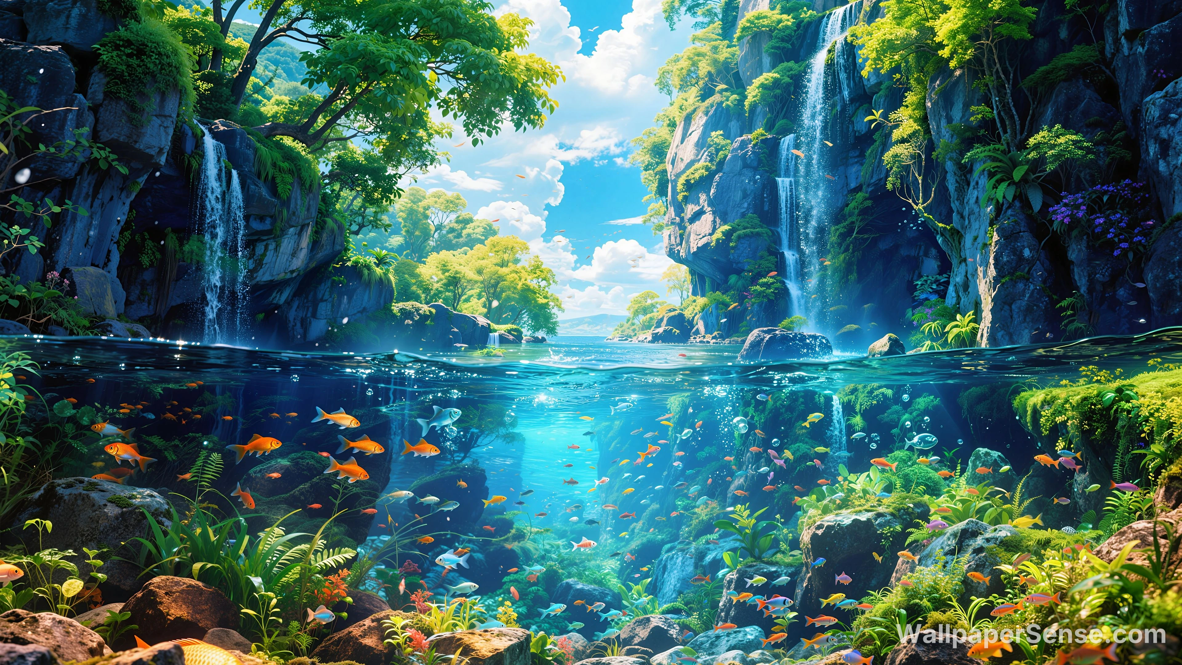 Orientalisk tuschstil 4K/8K-wallpaperpakke - Fantasy-skov vandfald 8K ultra HD baggrund