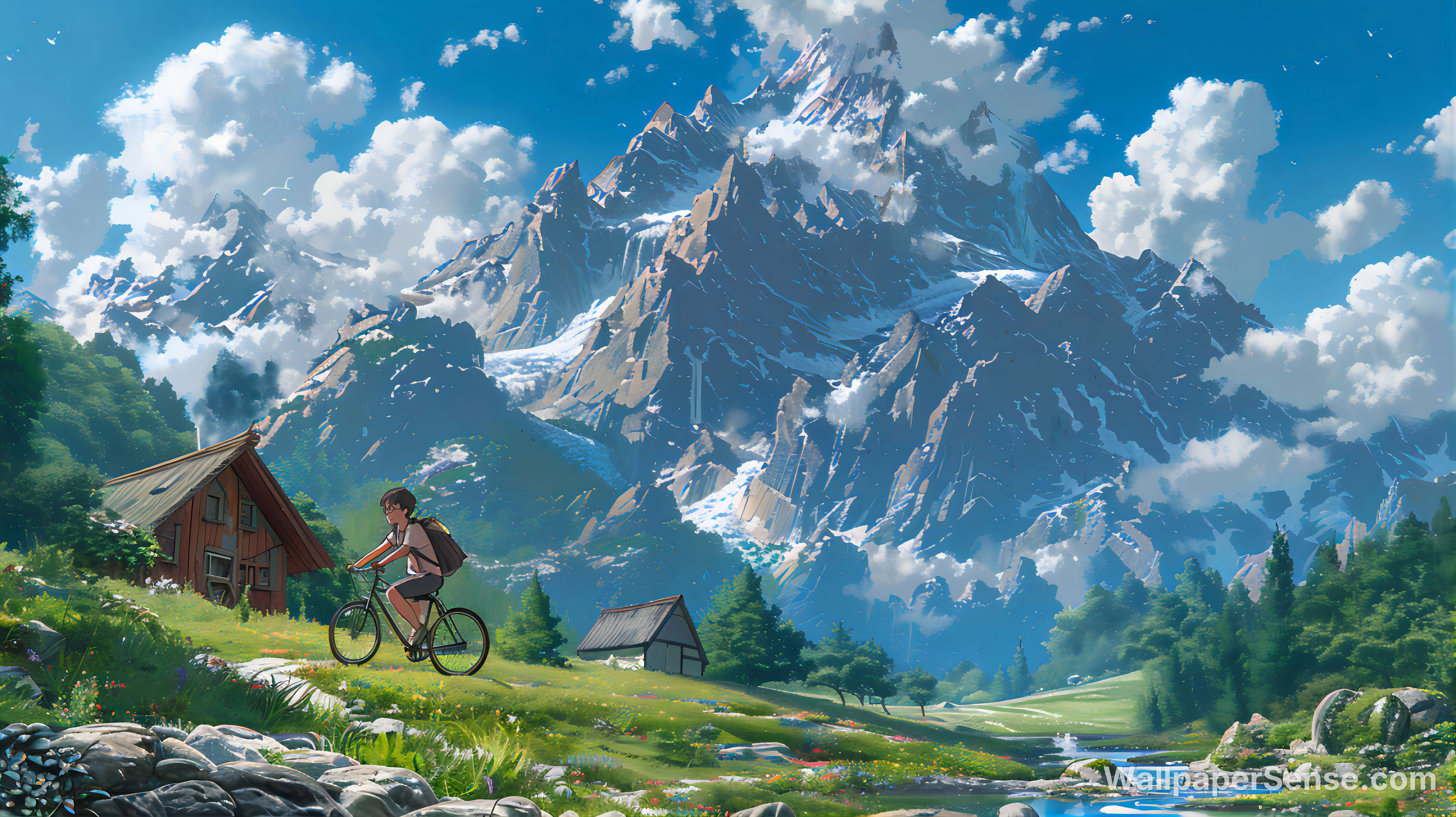 Studio Ghibli-Style Mountain Cycling 8K Desktop Wallpaper