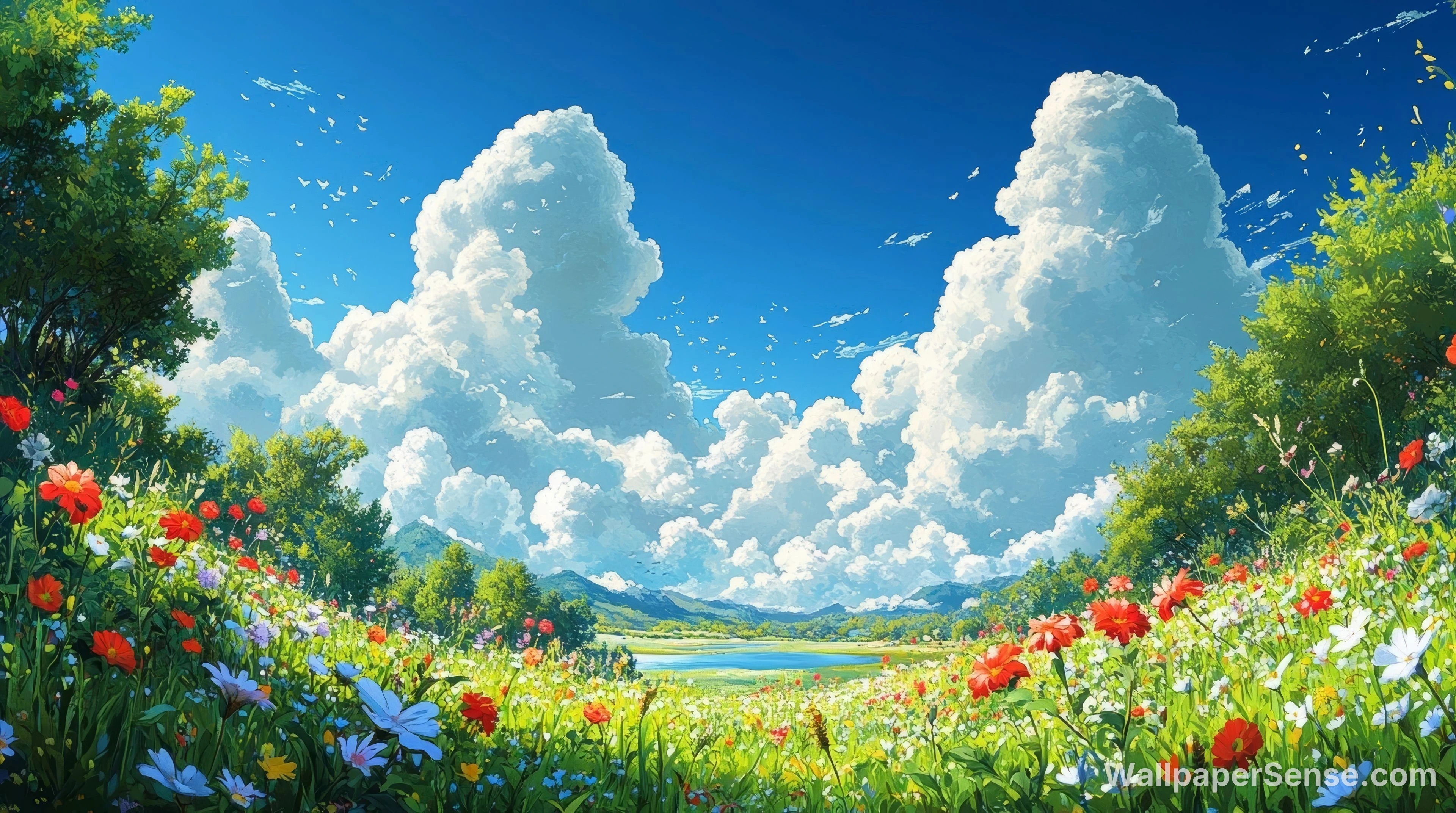 Japanese Anime-Style Flower Field 8K Ultra HD Desktop Wallpaper