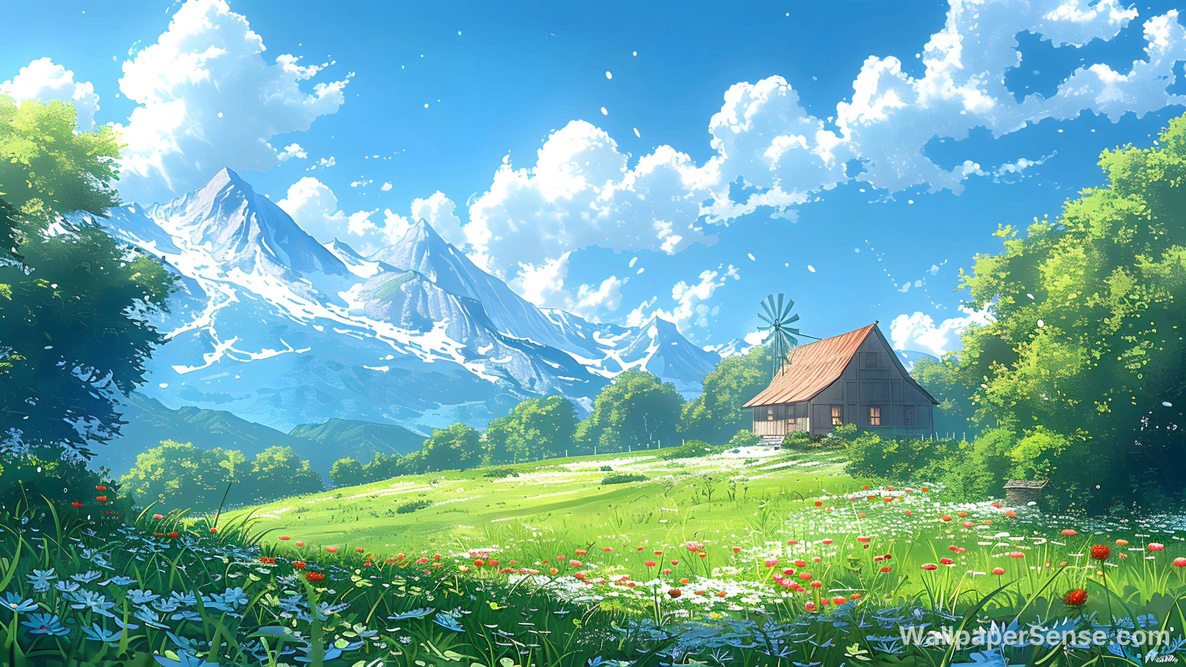 Japanese Anime-Style Countryside Cottage 8K Desktop Wallpaper
