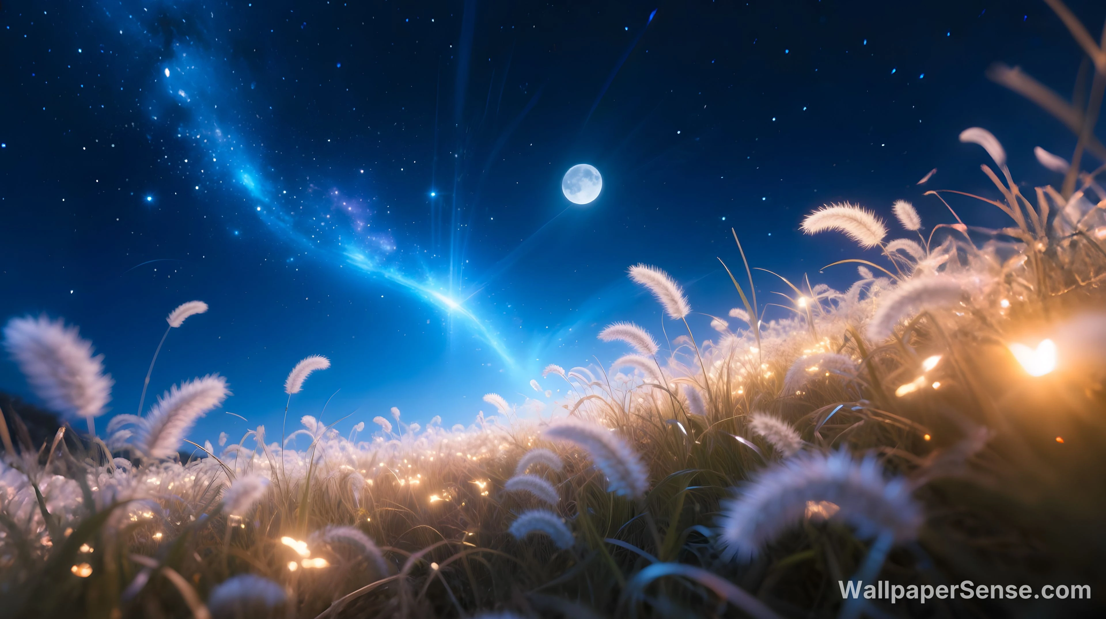 Collection de fonds d'écran 4K 8K Ultra HD : Ciel nocturne cosmique et herbe lumineuse - Paysage de prairie nocturne cosmique 4K Wallpaper