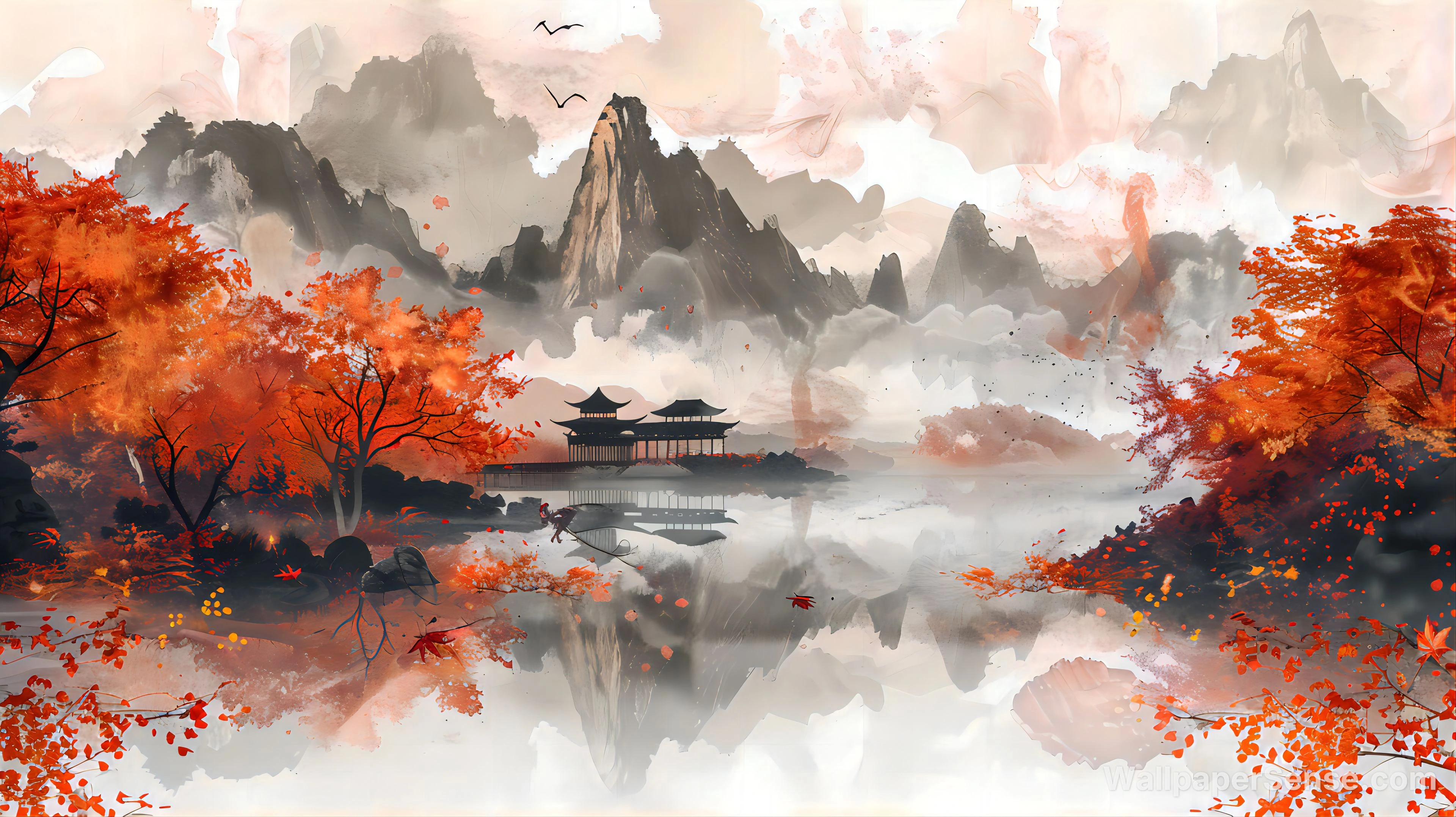 Chinese Style Autumn Landscape Mountain Lake 8K Desktop Wallpaper