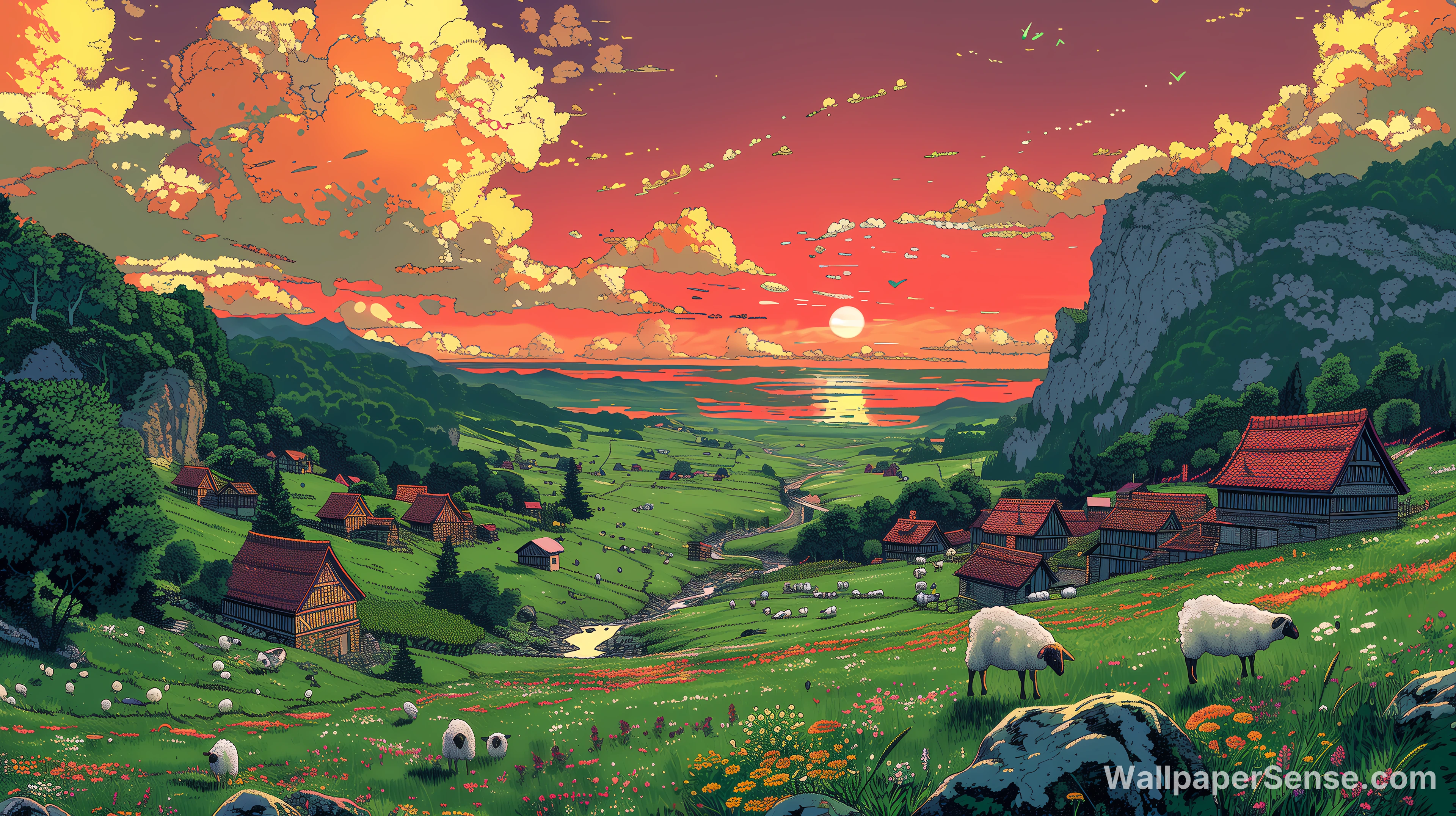 Ghibli-stijl dal dorp 4K 8K Ultra HD wallpapercollectie - Studio Ghibli-vallei bij zonsondergang 4K bureaubladachtergrond