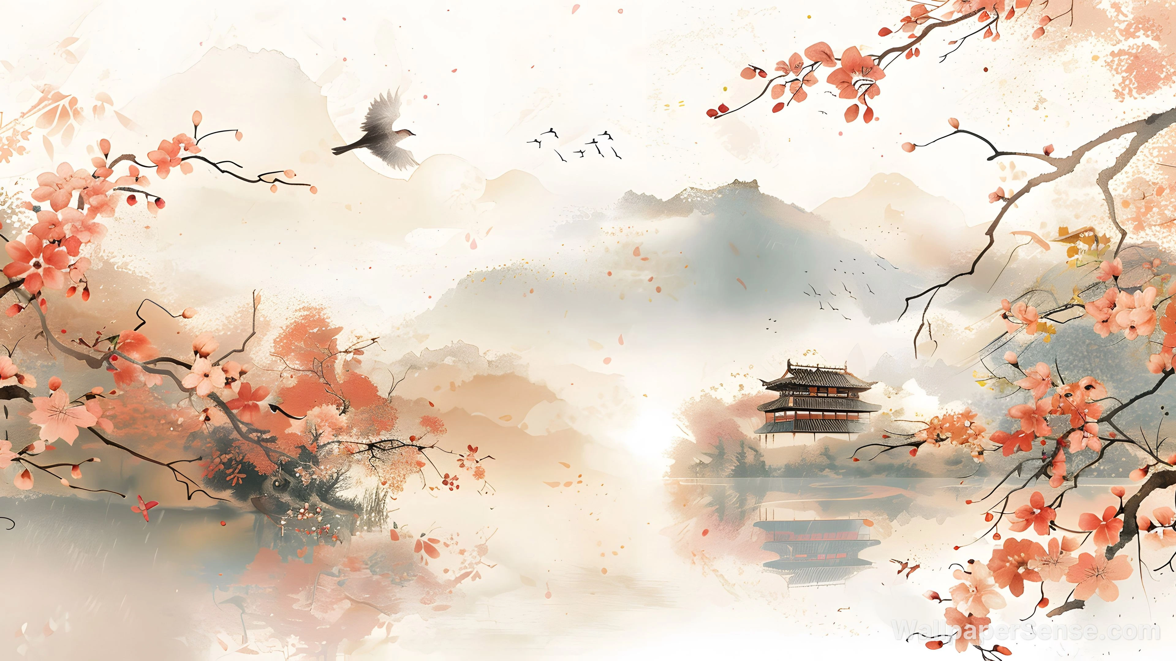 Chinese Style Cherry Blossoms Ancient Pagoda 8K Desktop Wallpaper