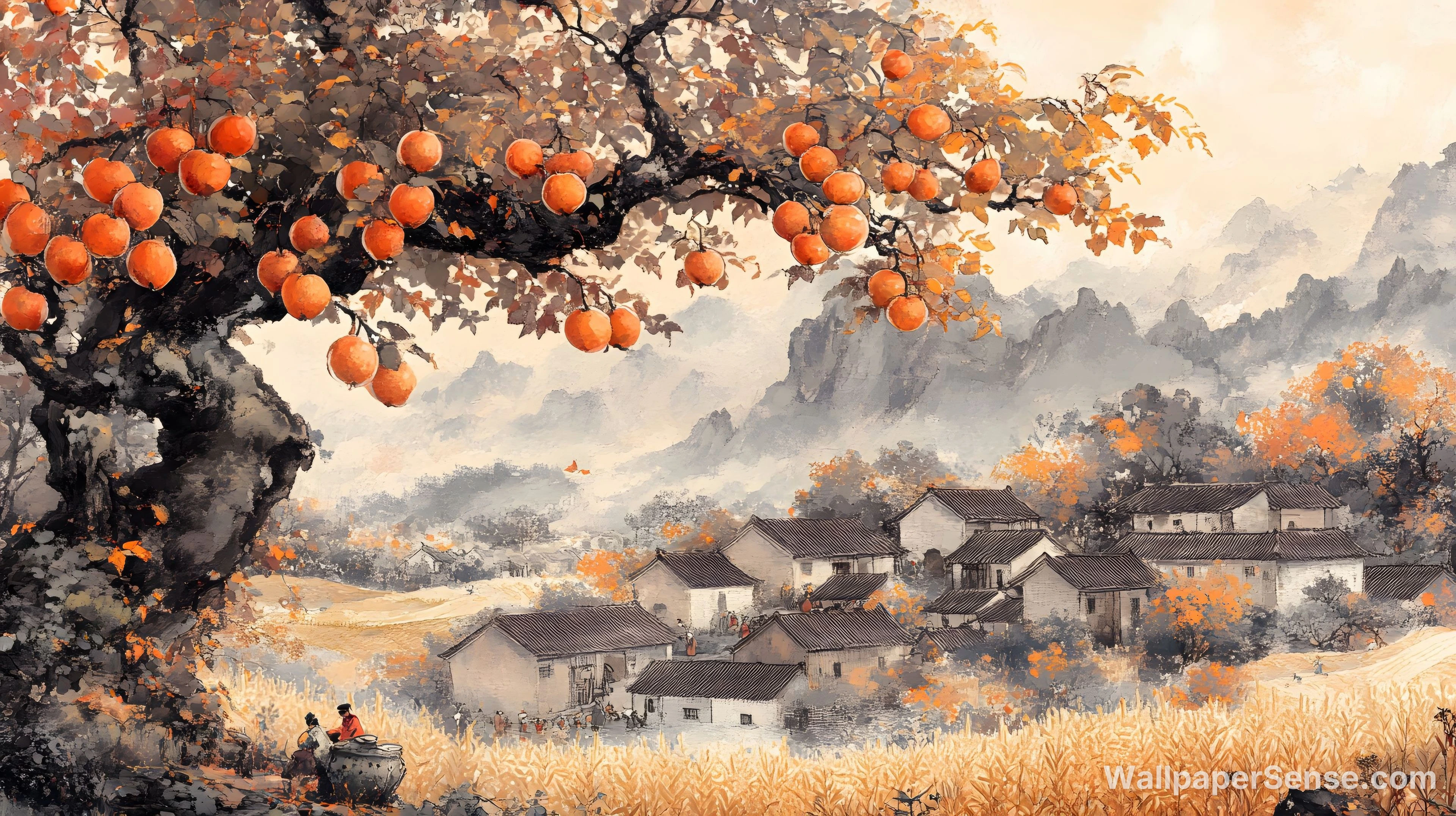 Chinese Style Autumn Village 8K Desktop Wallpaper