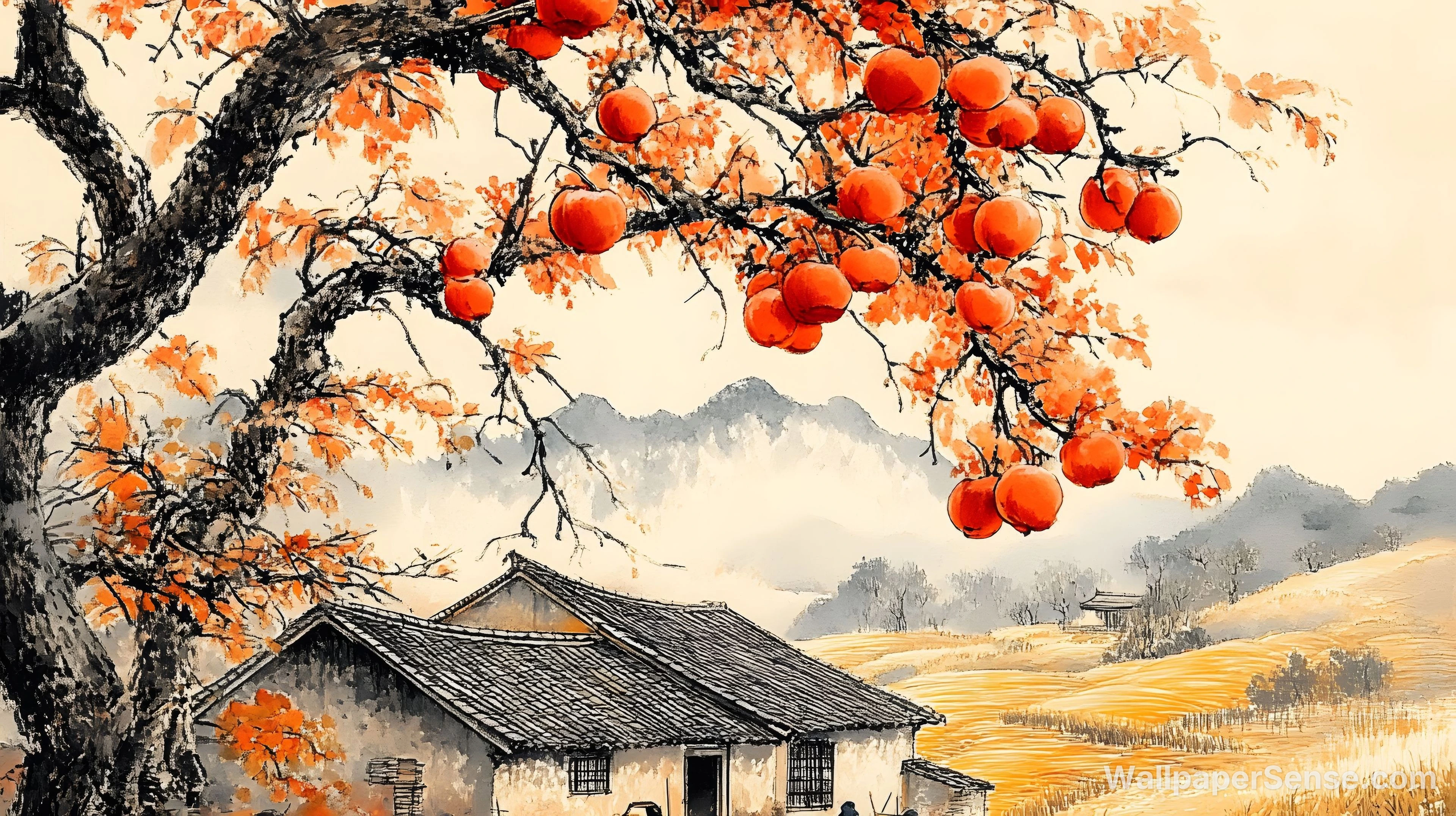 Chinese-Style Fruit Tree Gongbi Paintings 4K Wallpaper Pack - Chinese Style Persimmon Tree 8K Ultra HD Desktop Wallpaper