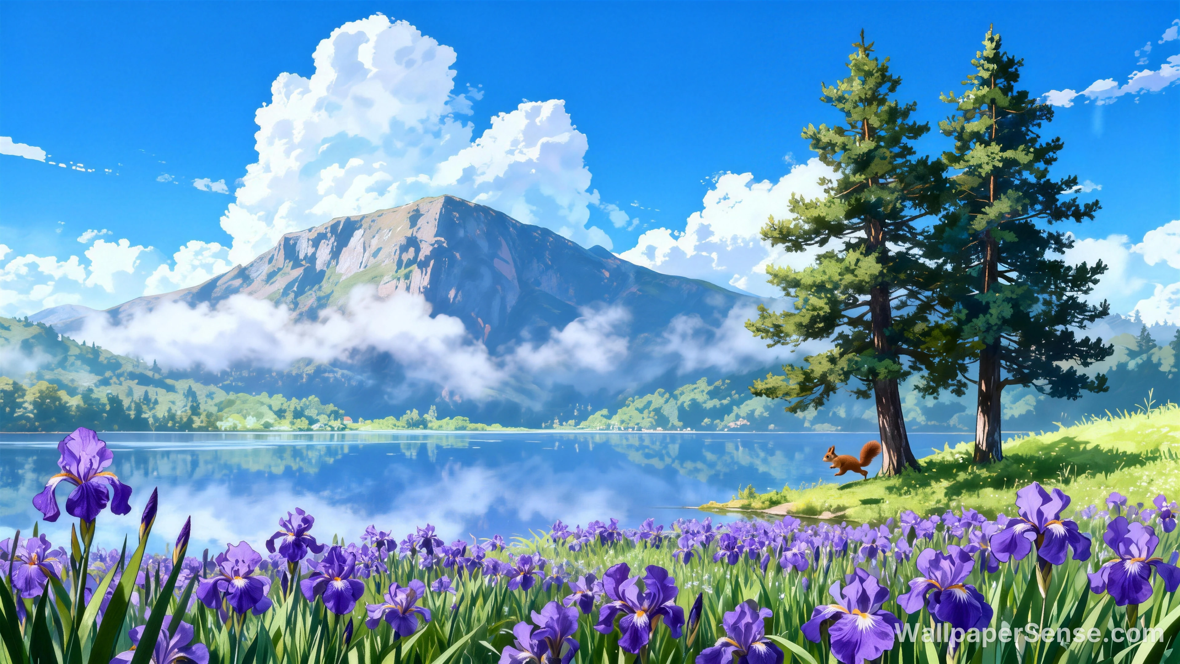 Japonský anime styl: jezero a fialové irisy 8K pozadí pro plochu