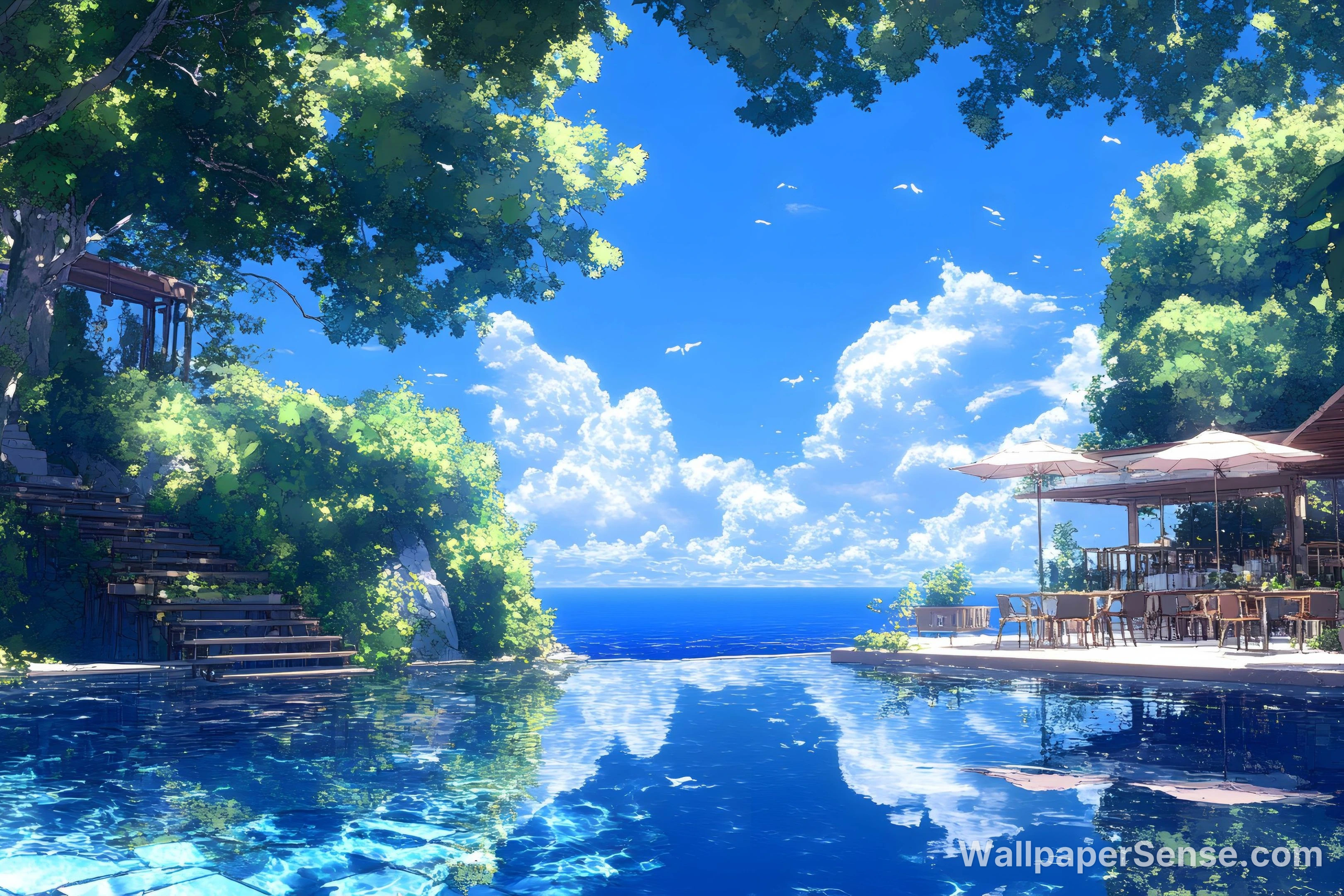 Piscina à Beira-Mar no Estilo Anime Japonês – Papel de Parede 8K Ultra HD - Premium wallpaper in 6726x4484 resolution