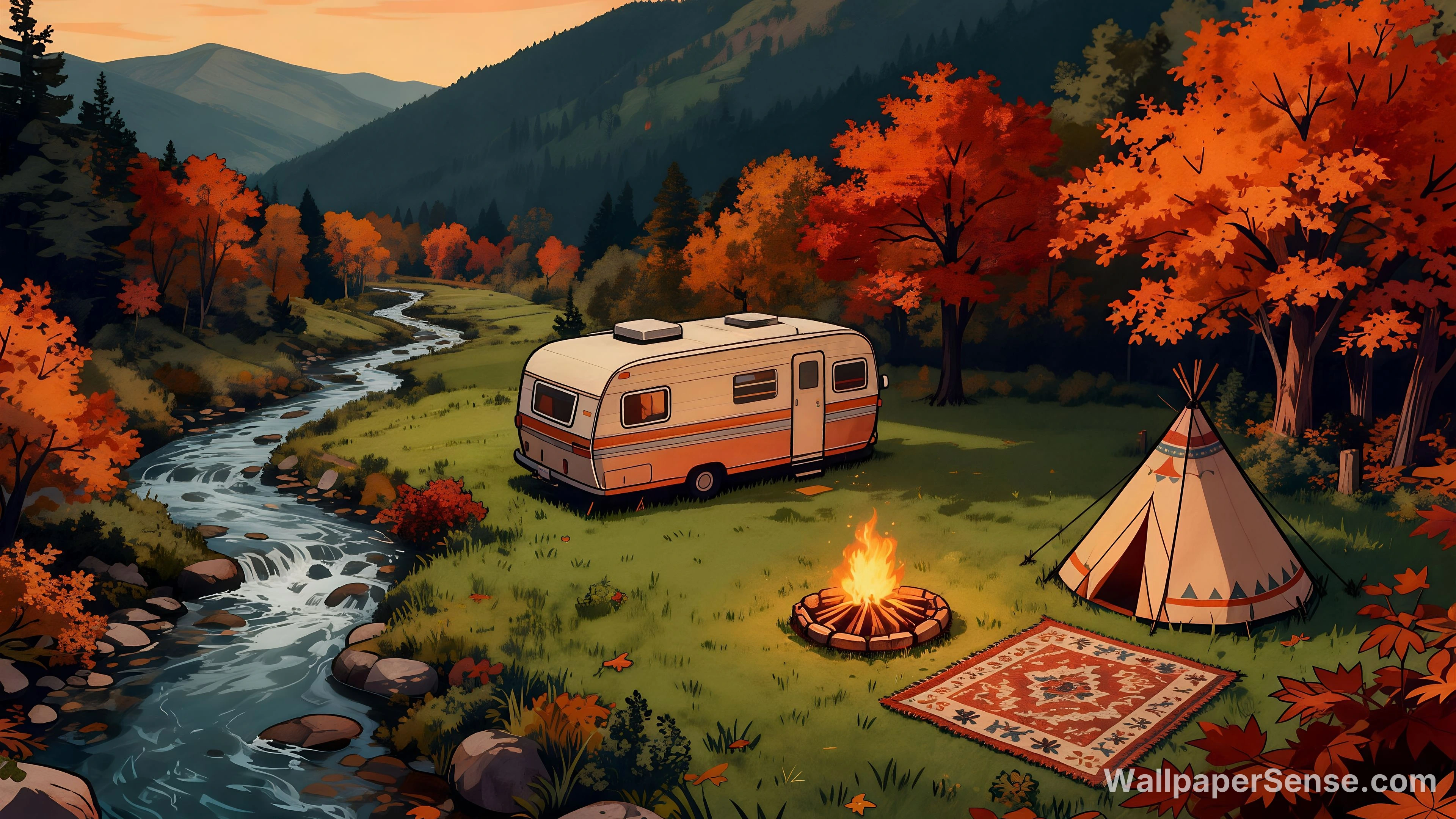 Autumn Camping Riverside RV 8K Desktop Wallpaper