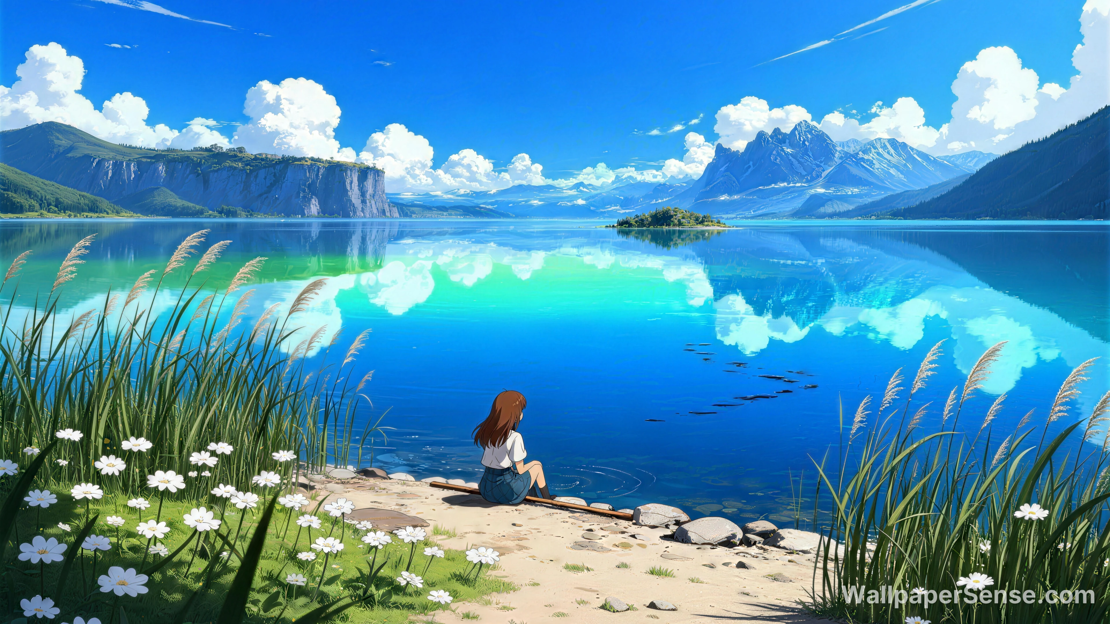 Studio Ghibli-Style Lakeside Girl 8K Desktop Wallpaper - Premium wallpaper in 8192x4608 resolution
