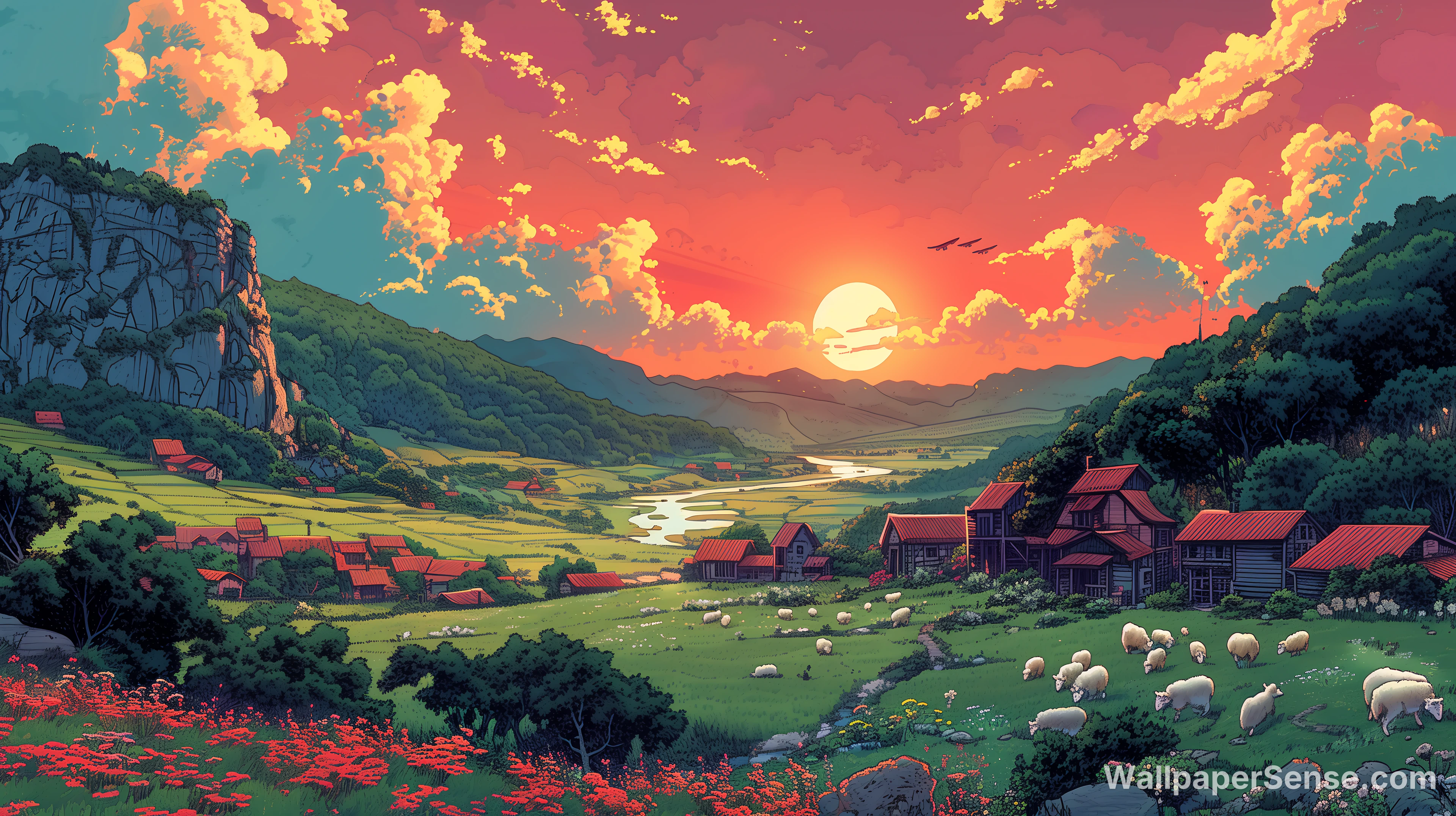 Japanse dorp zonsondergang 8K Ultra HD wallpaperverzameling - Studio Ghibli-stijl dorp aan zonsondergang 8K Ultra HD bureaubladachtergrond