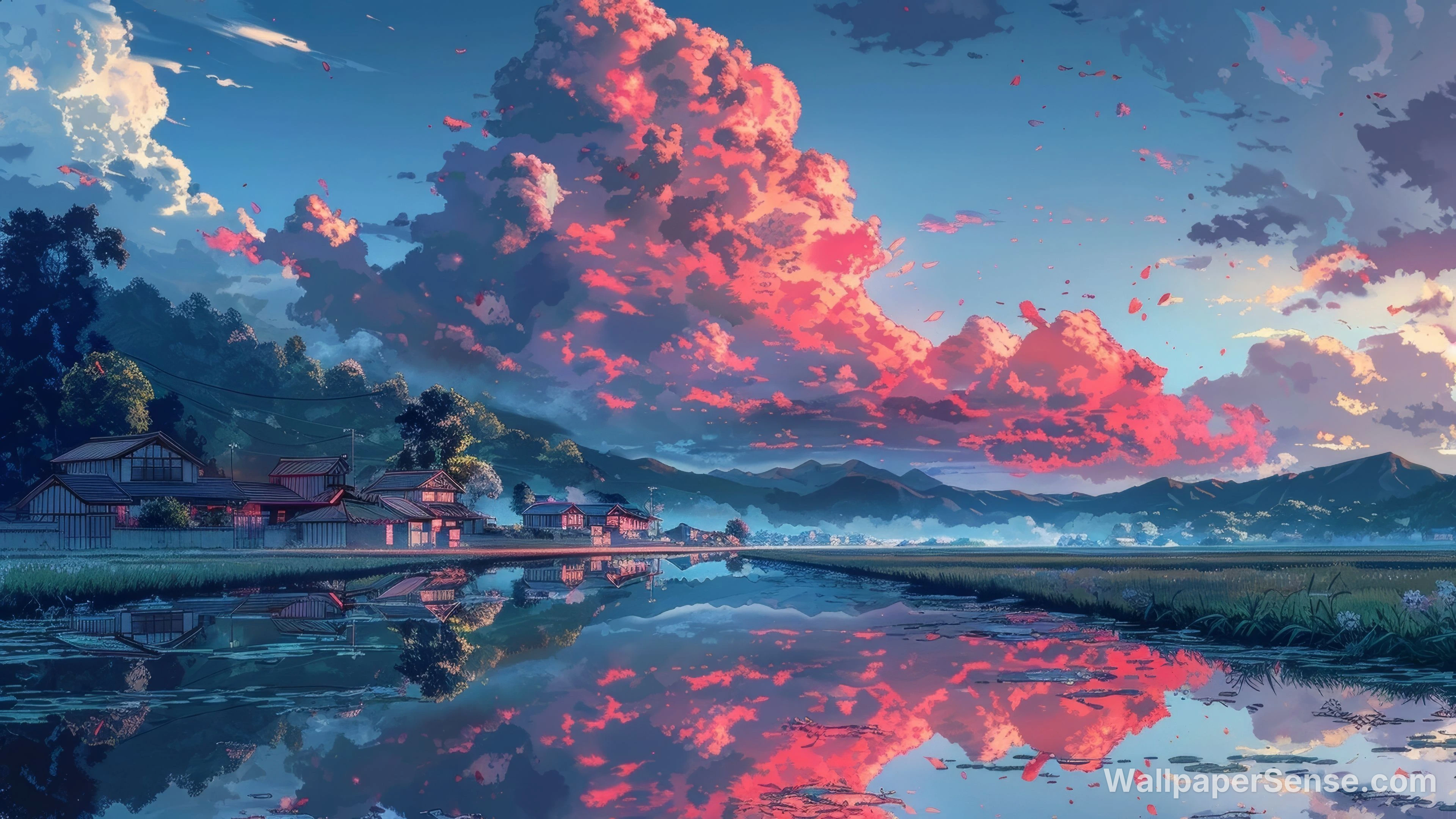 Japonská vesnice v západu slunce 8K Ultra HD sbírka pozadí - Japonský anime západ slunce na jezere 8K Ultra HD stolní pozadí