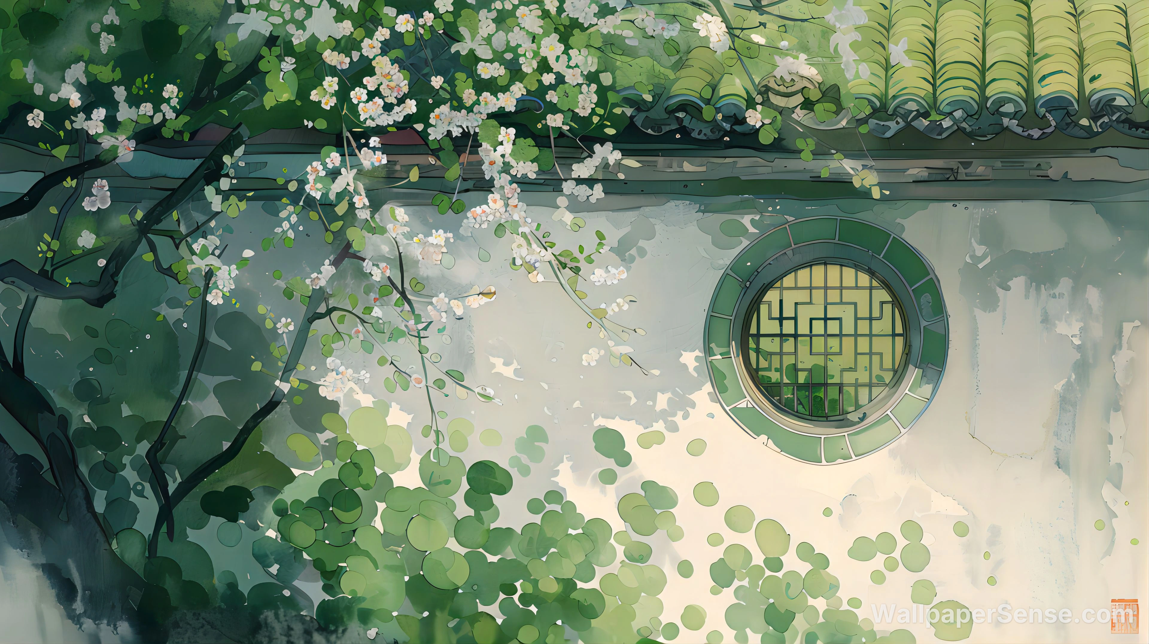Oriental-Style Cherry Blossom Courtyard 8K Desktop Wallpaper