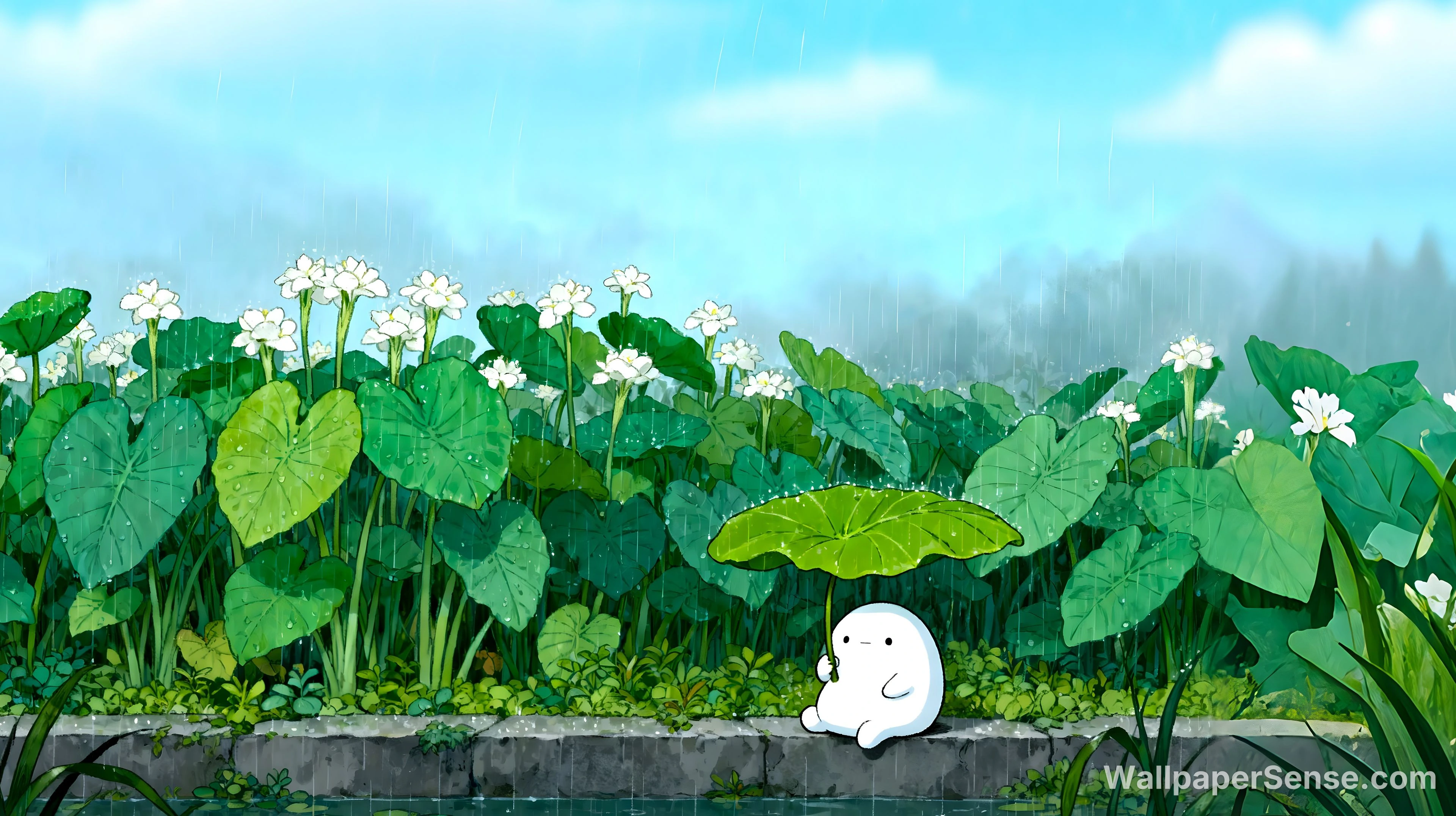Studio Ghibli -tyylisen puistoon ja valkoiseen olentoon 4K-työpöytätaustakuva