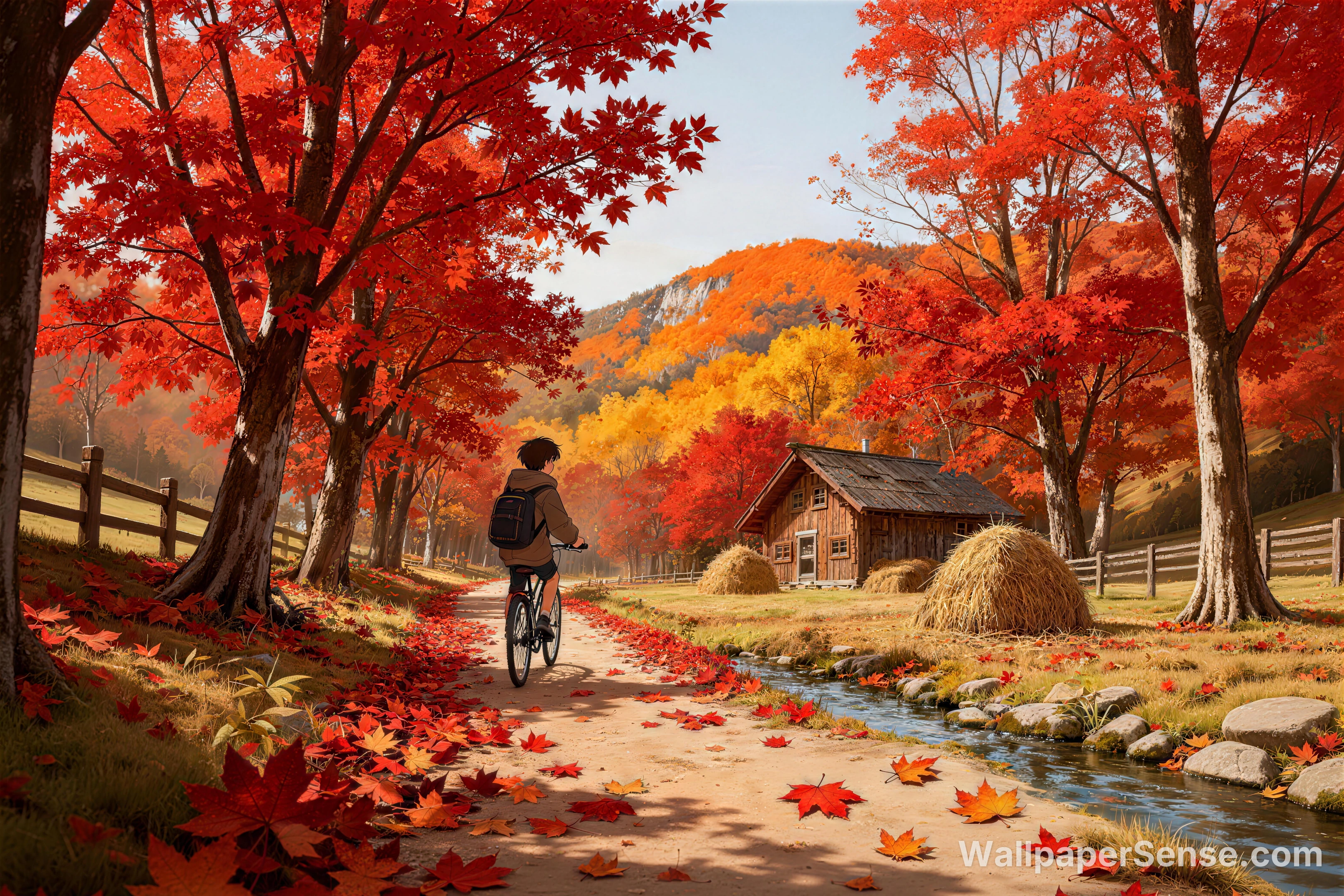 Ciclismo nell'Autunno della Foresta di Acero 8K Wallpaper Desktop - Premium wallpaper in 8192x5461 resolution