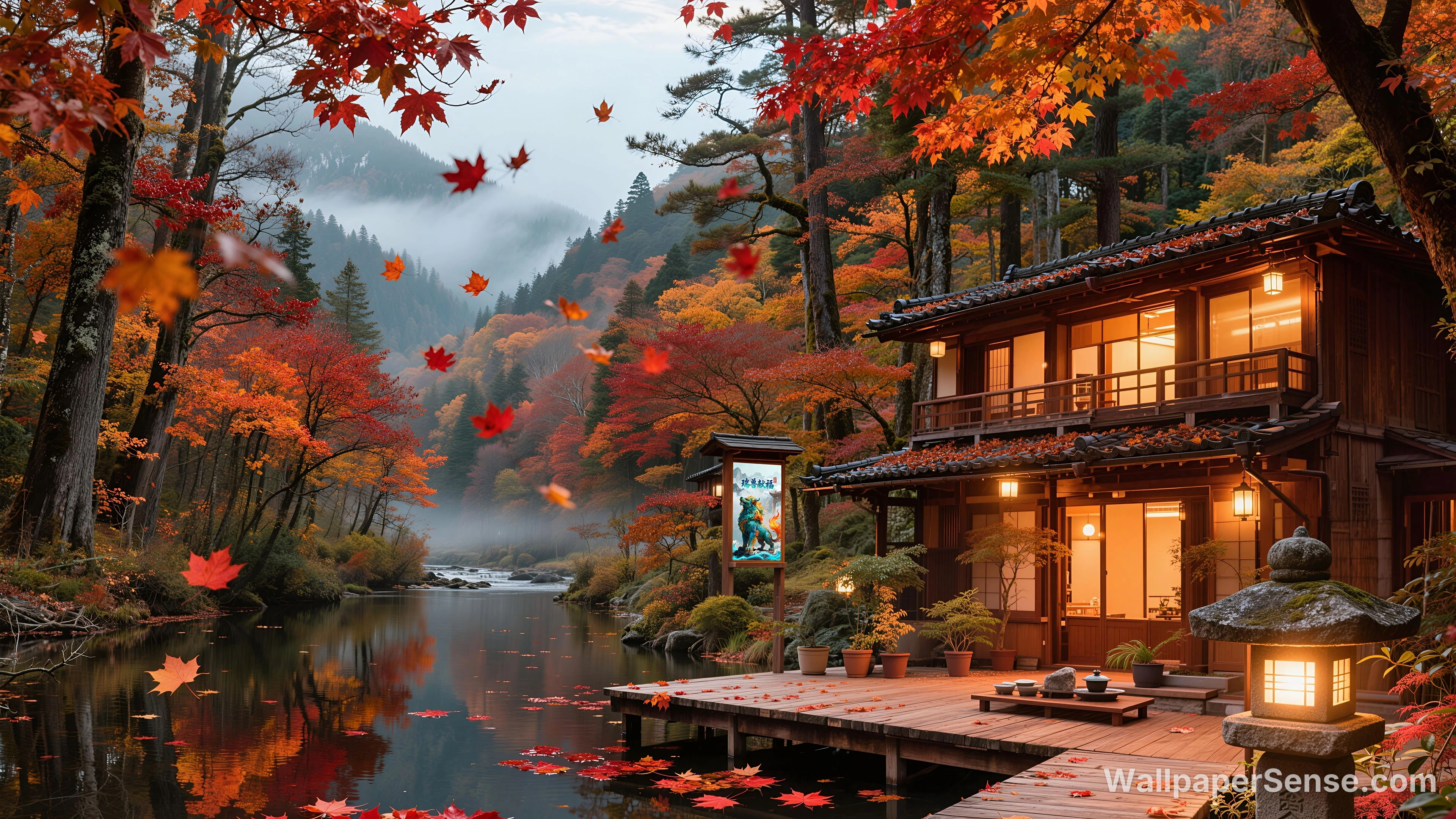 Japansk efterårslandskab med ahornblade – 8K baggrundsbillede