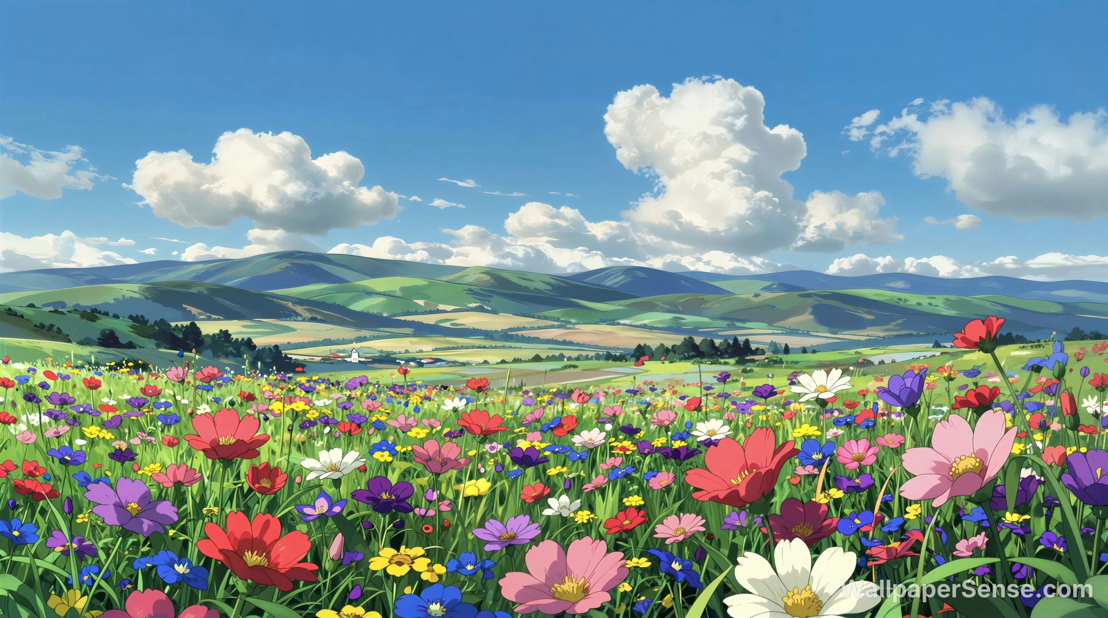 Paisagem de Campo de Flores Estilo Ghibli 8K Ultra HD para Desktop - Premium wallpaper in 8000x4464 resolution