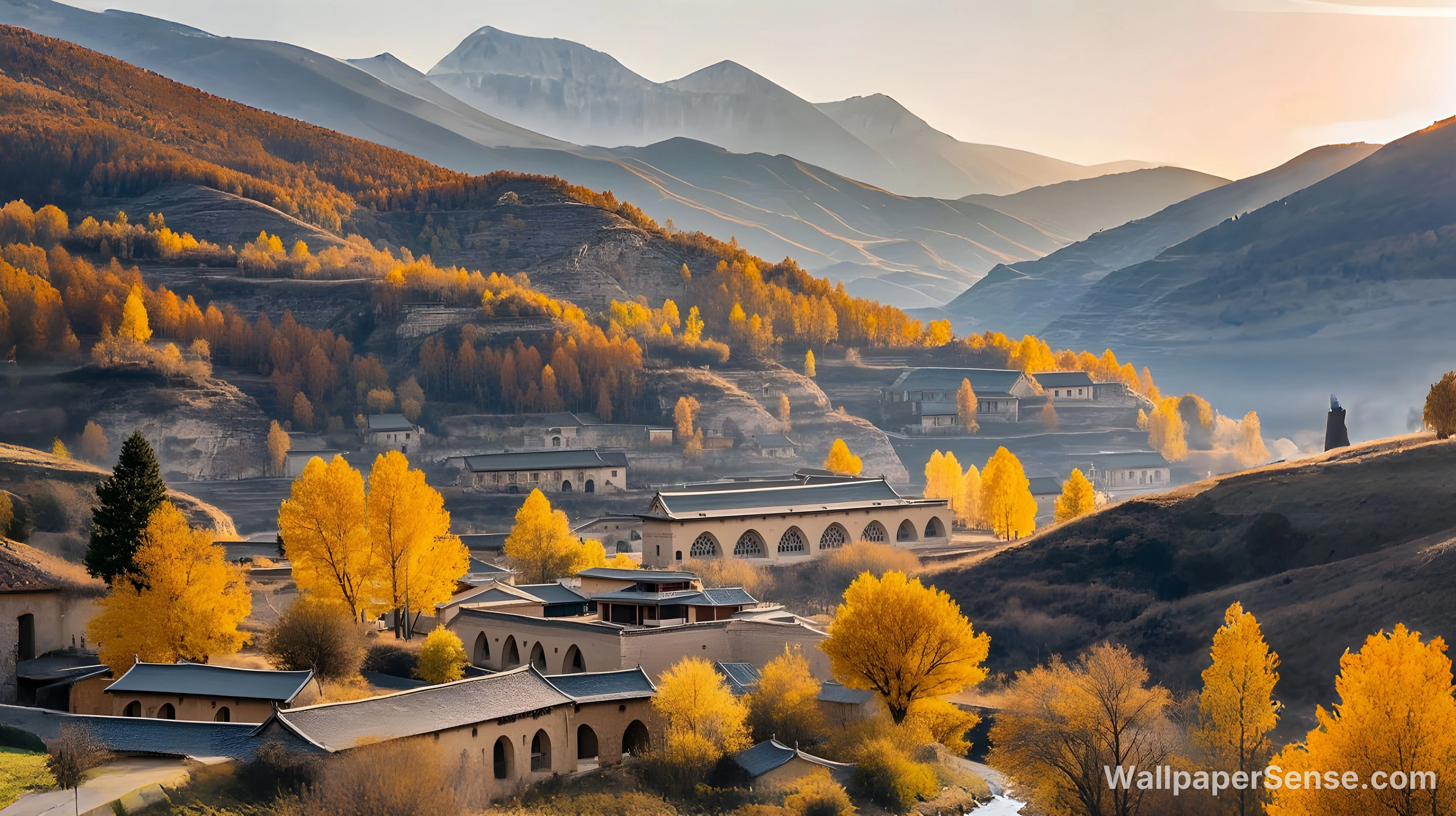 Autumn Mountain Village 4K Desktop Wallpaper