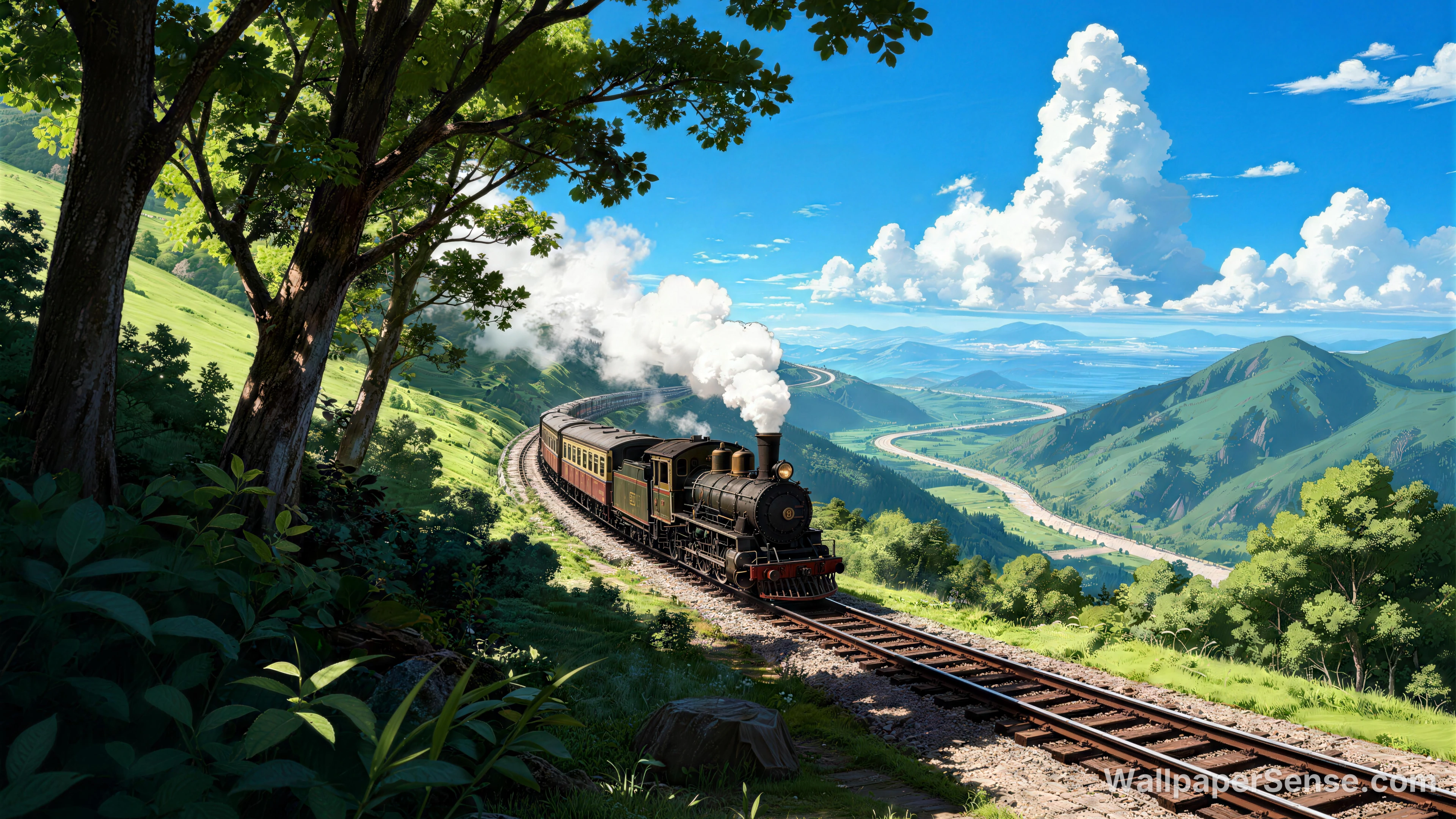 Treno nella valle in stile Studio Ghibli, wallpaper desktop 8K - Premium wallpaper in 8192x4608 resolution