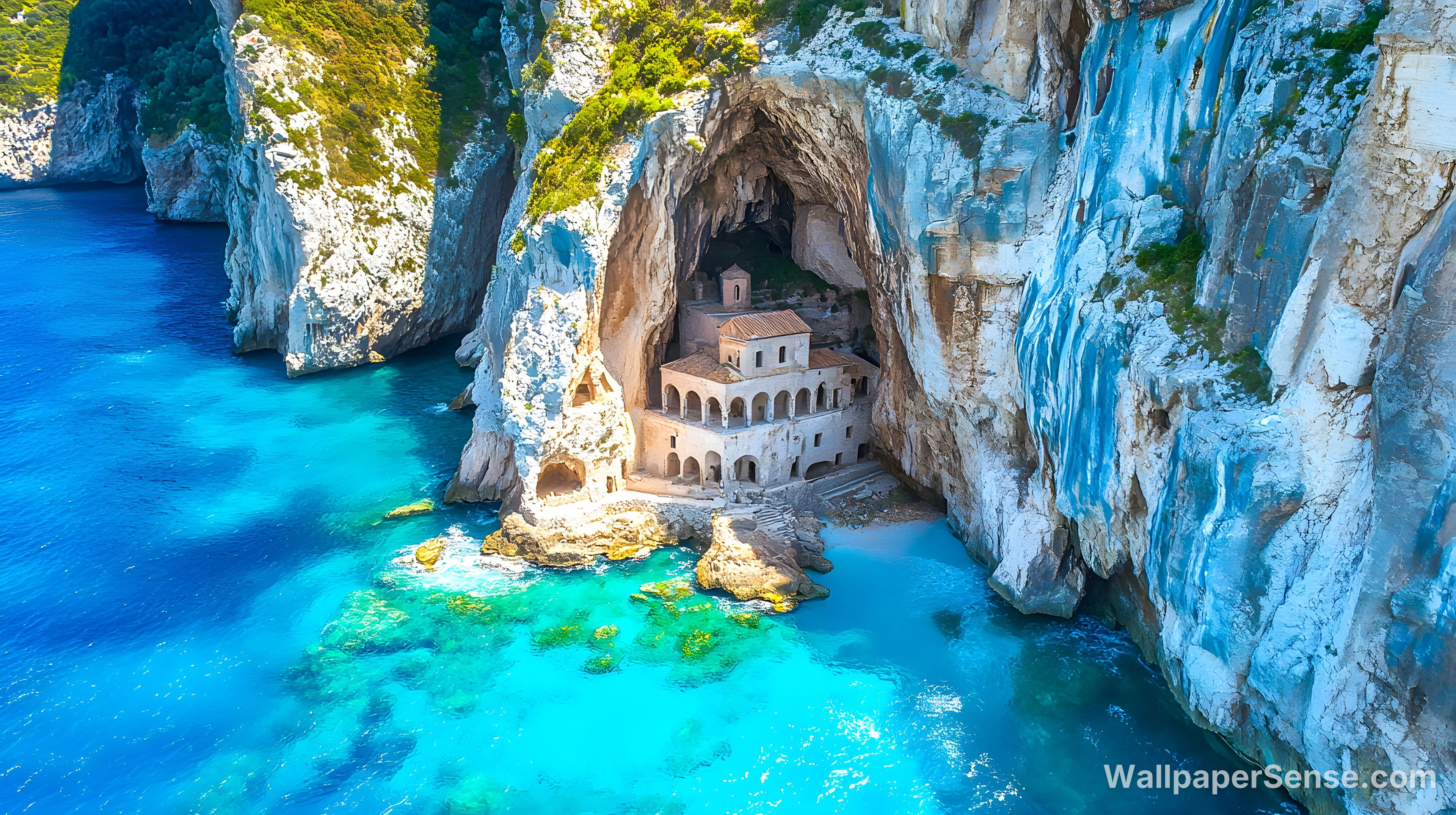 Mediterránské pobřežní architektura 4K 8K Ultra HD sbírka pozadí - Mediterránská pobřežní kostel 4K stolní pozadí