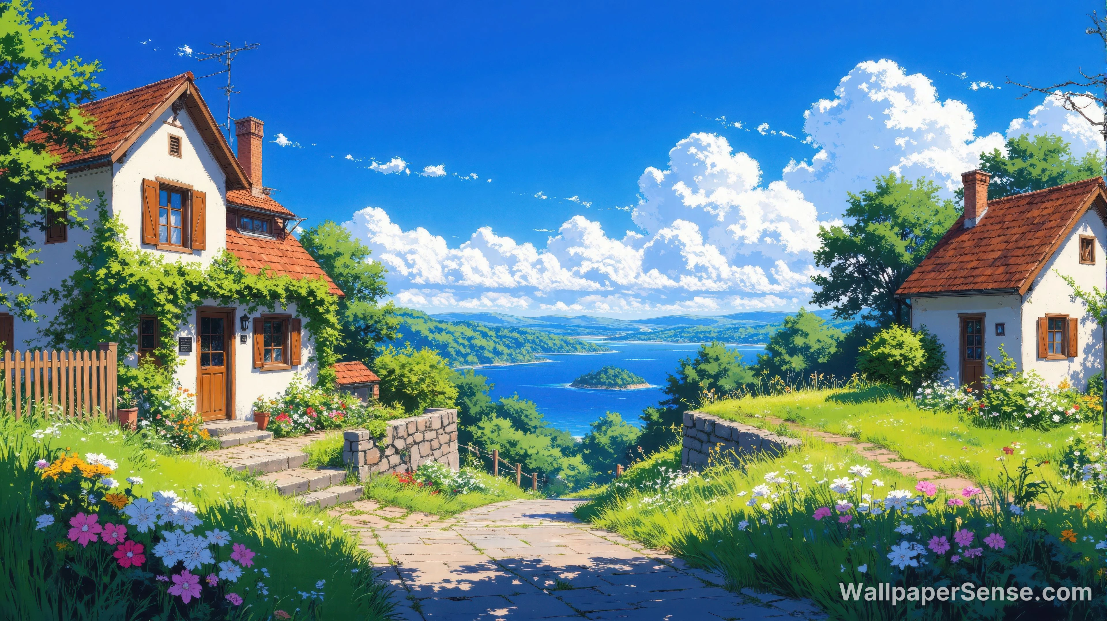Wioska z jeziorem w stylu Ghibli 4K do pulpitu - Premium wallpaper in 4560x2560 resolution