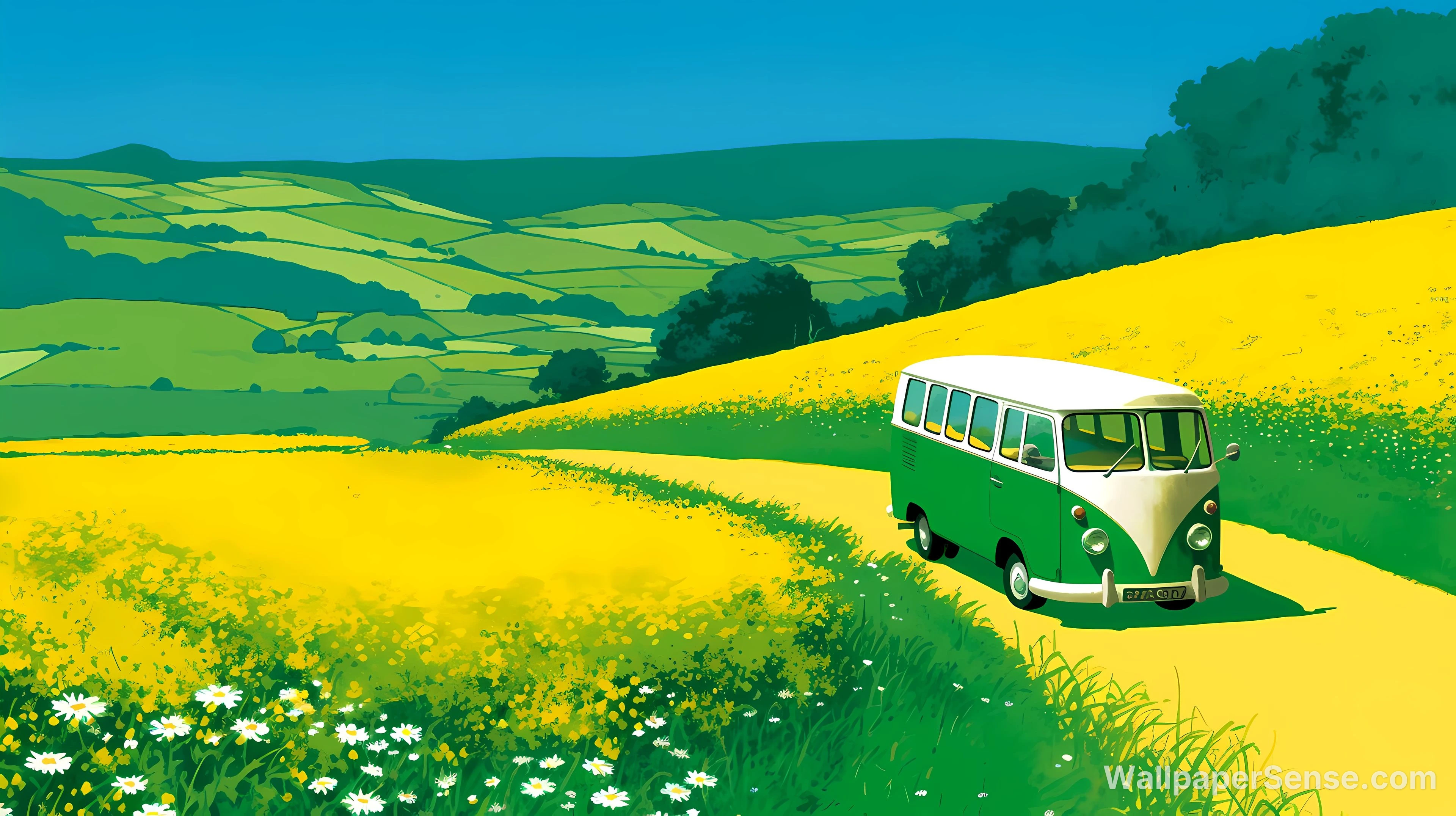 Retro Vrachtwagen Gele Velden 4K 8K Ultra HD Wallpaperverzameling - Studio Ghibli-stijl bus in gele velden 4K bureaubladachtergrond