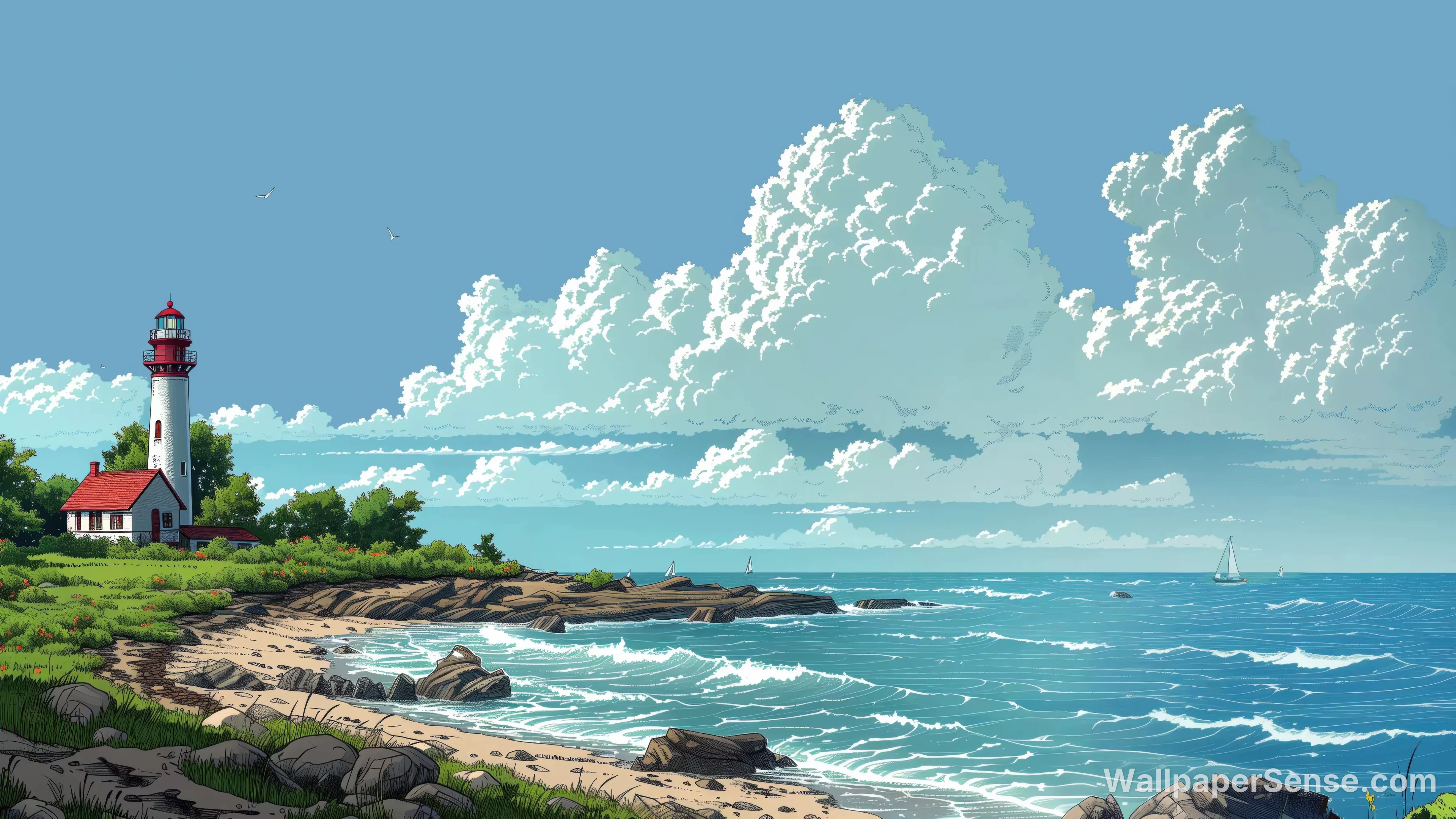 Anime Küstenleuchtturm 4K Desktop-Hintergrund