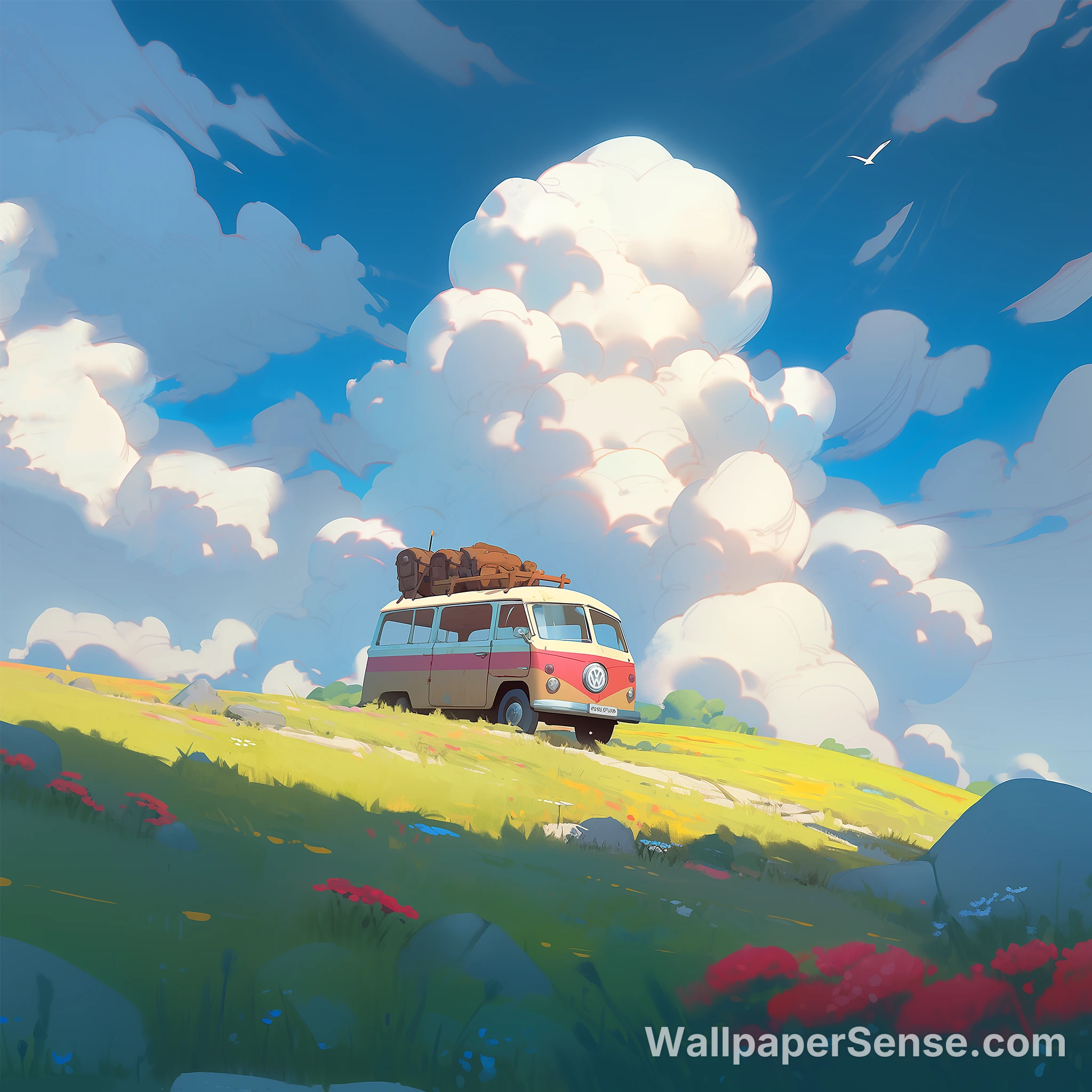 Anime-stijl bus op grasland 4K bureaublad achtergrond