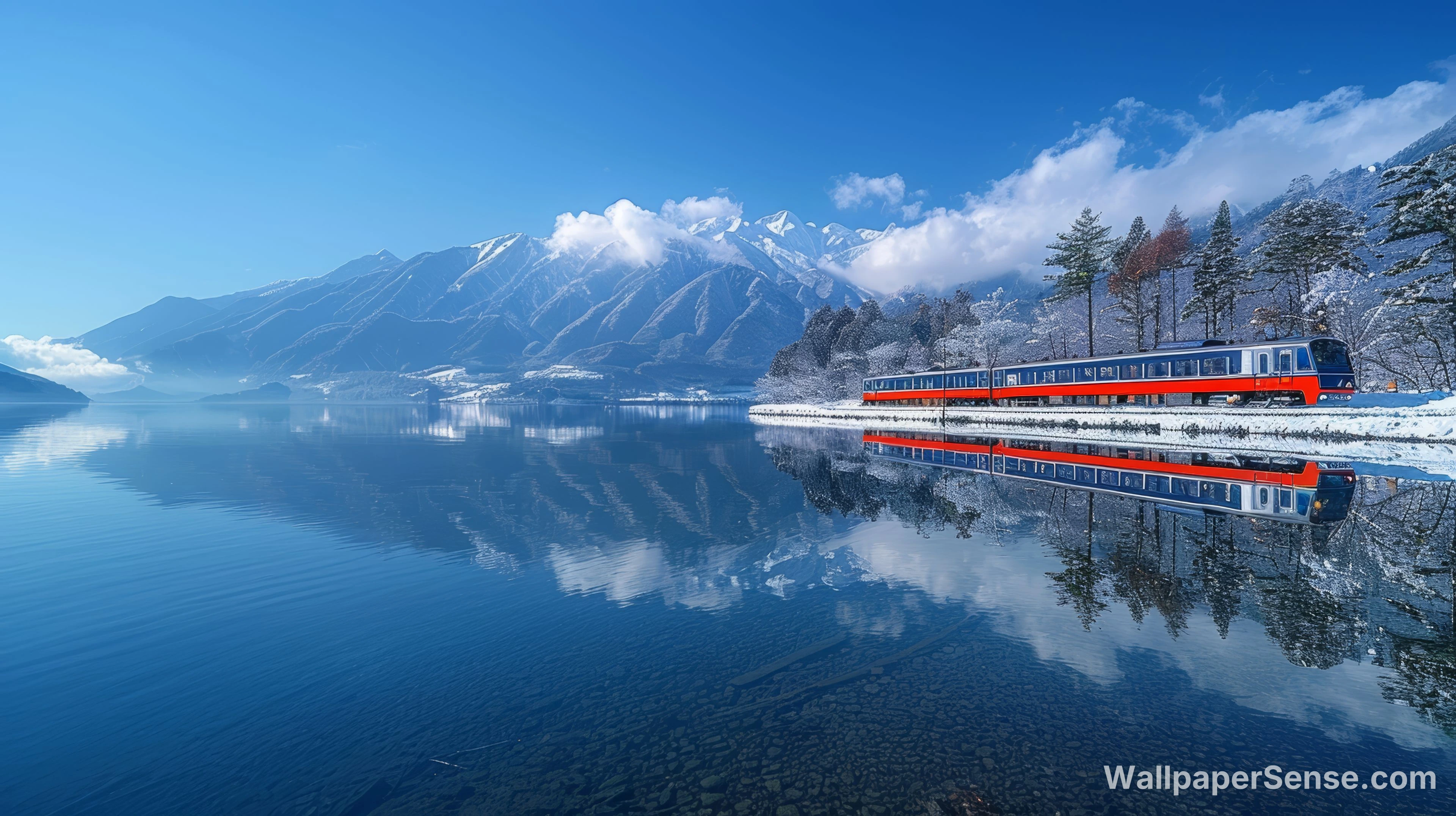 Treno sul lago alpino svizzero 8K Wallpaper per desktop