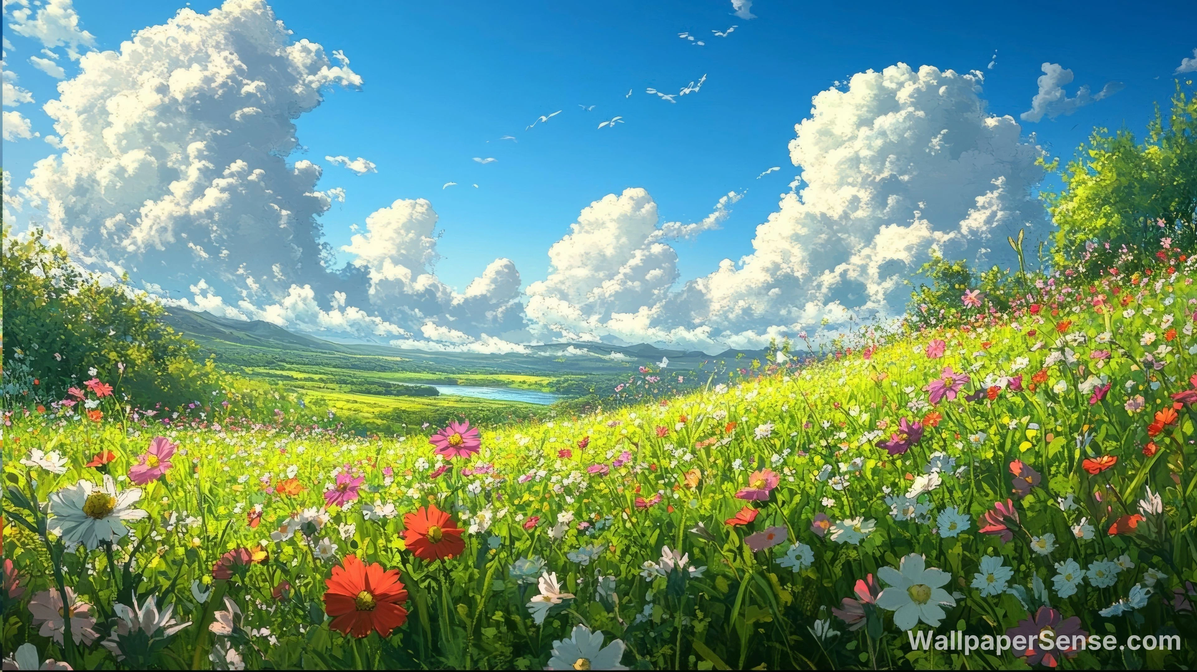 Japanese Anime-Style Flower Field 8K Ultra HD Desktop Wallpaper
