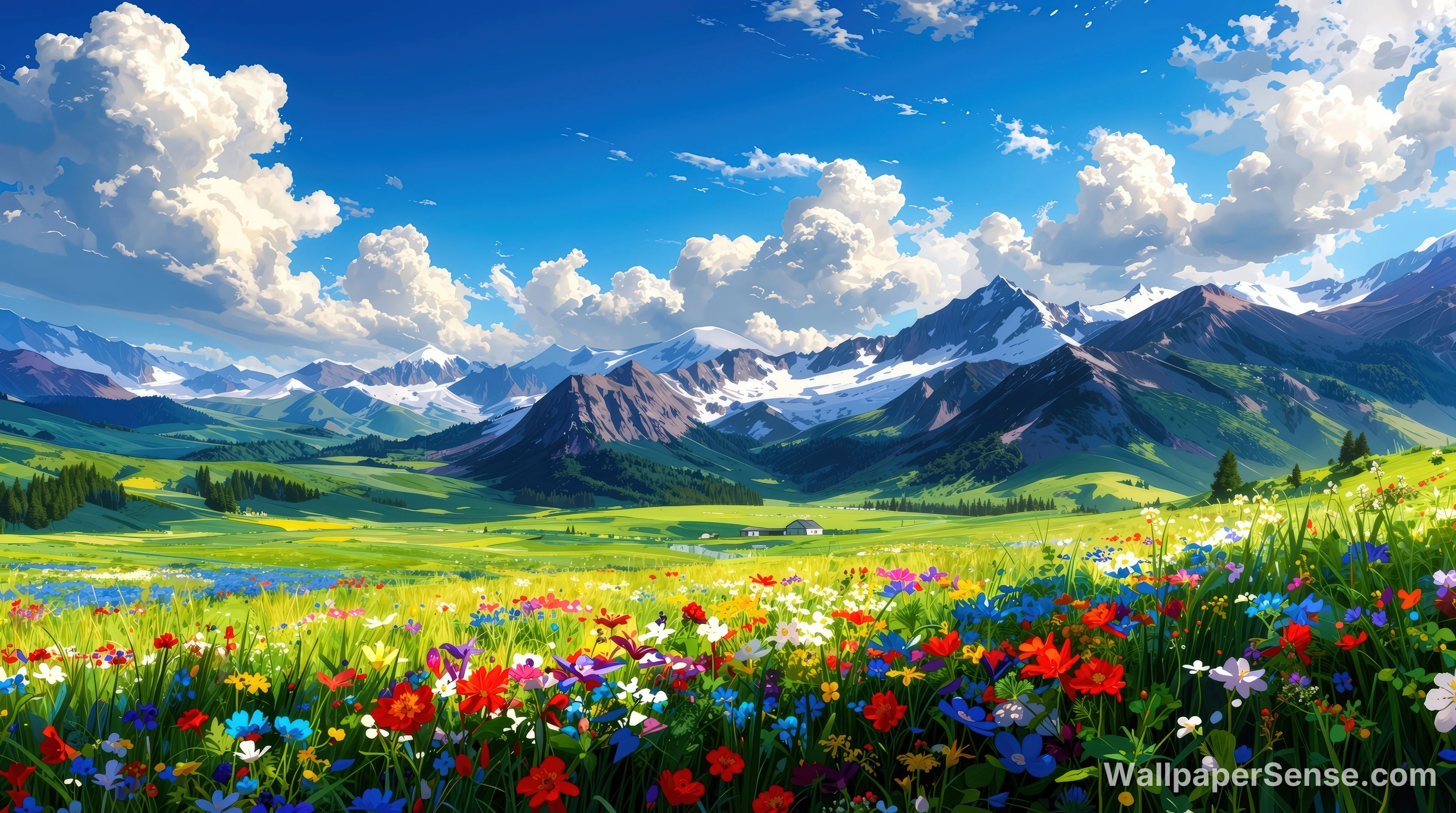 Anime Alpeense weide 4K bureaubladachtergrond