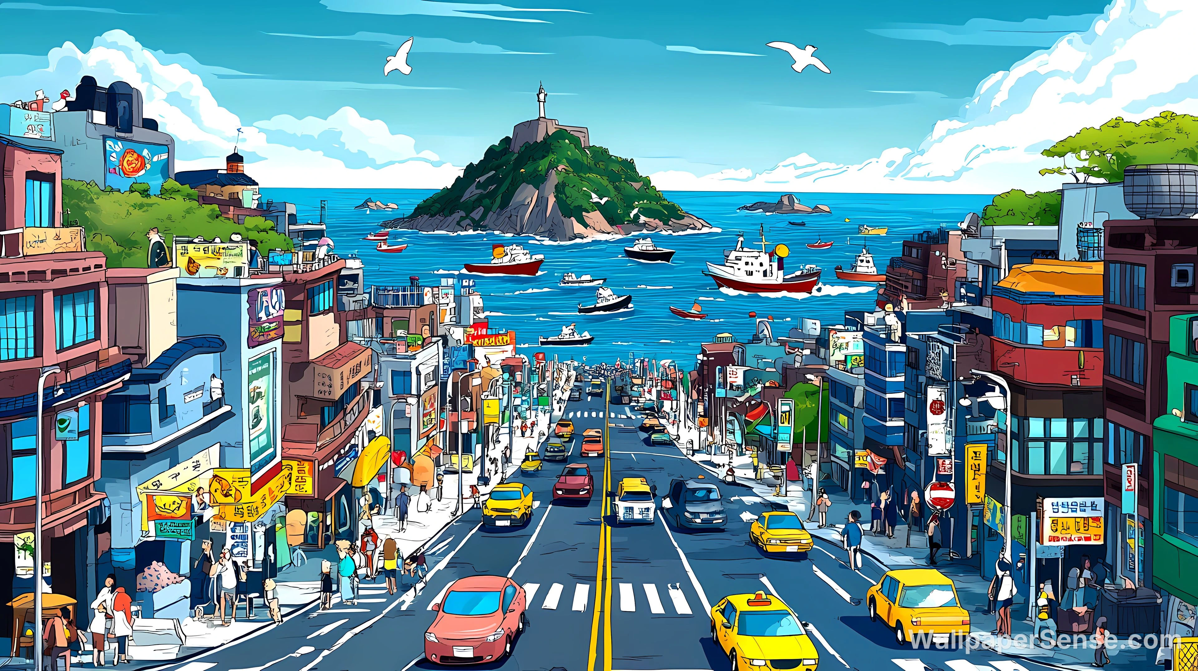 Japonské pobřežní město 4K stolní pozadí
