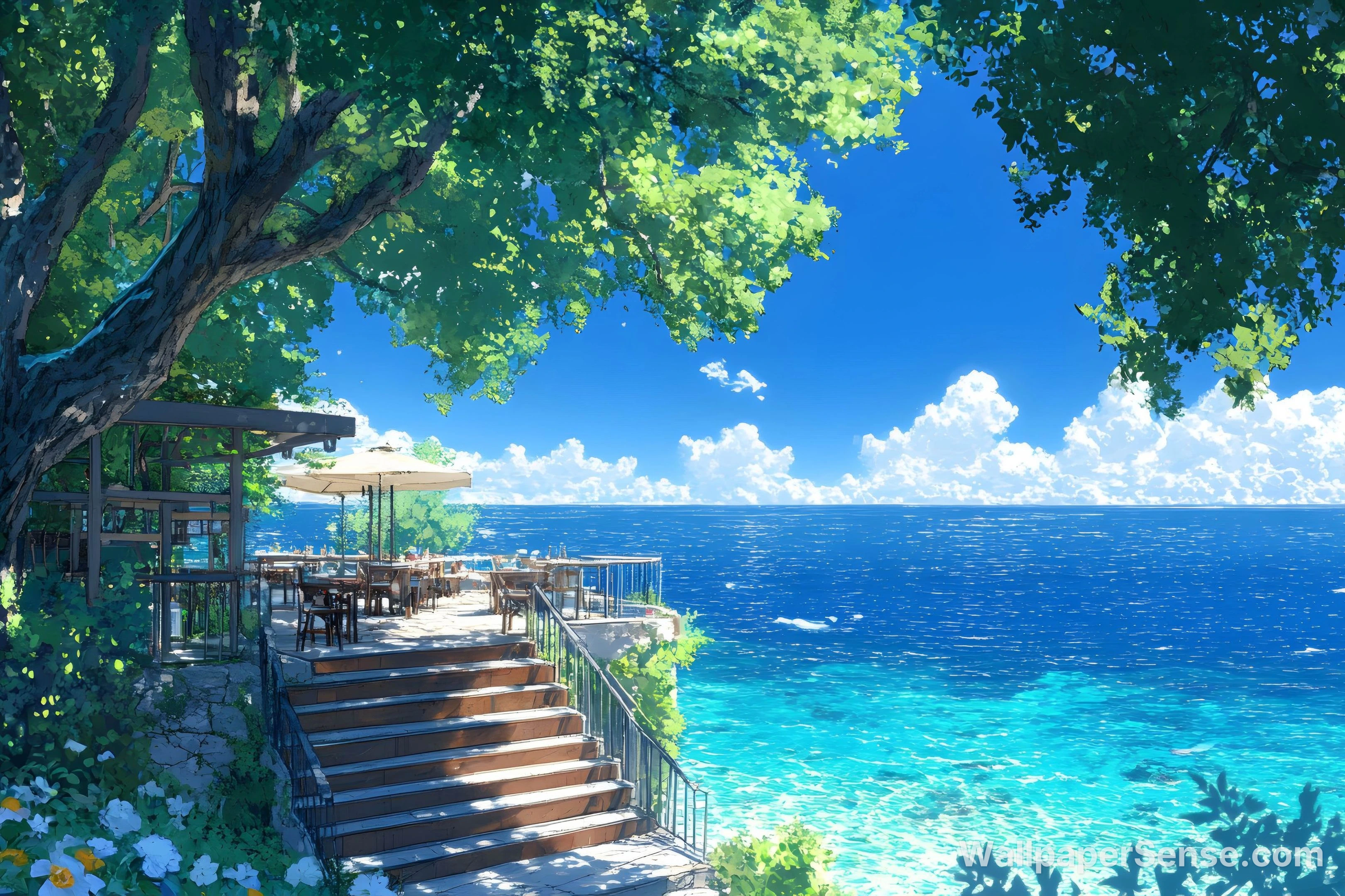 Restaurante à Beira-Mar em Estilo Anime Japonês – Papel de Parede 8K Ultra HD - Premium wallpaper in 6726x4484 resolution