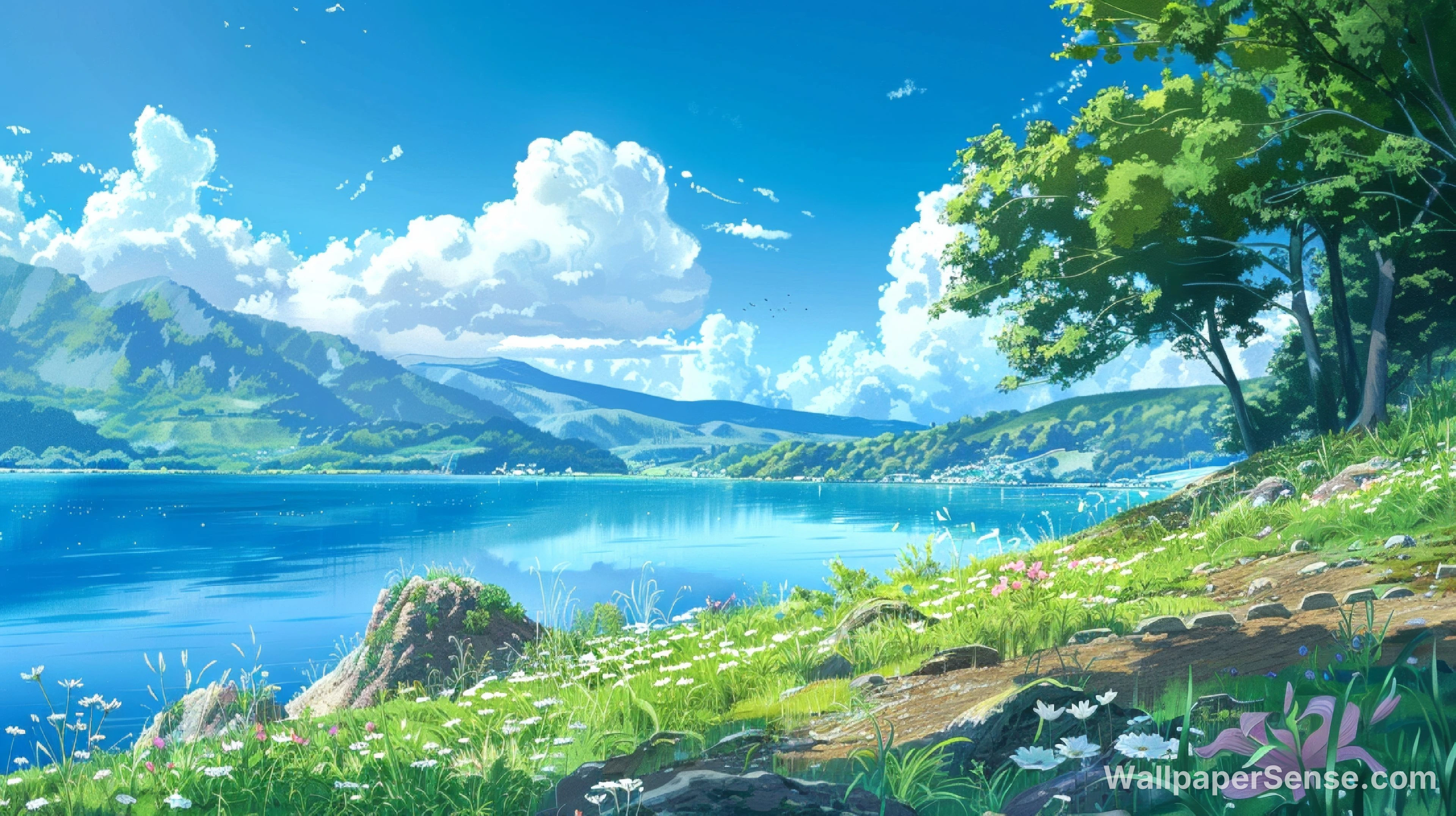 Japanese Anime Lakeside Landscape 8K Desktop Wallpaper