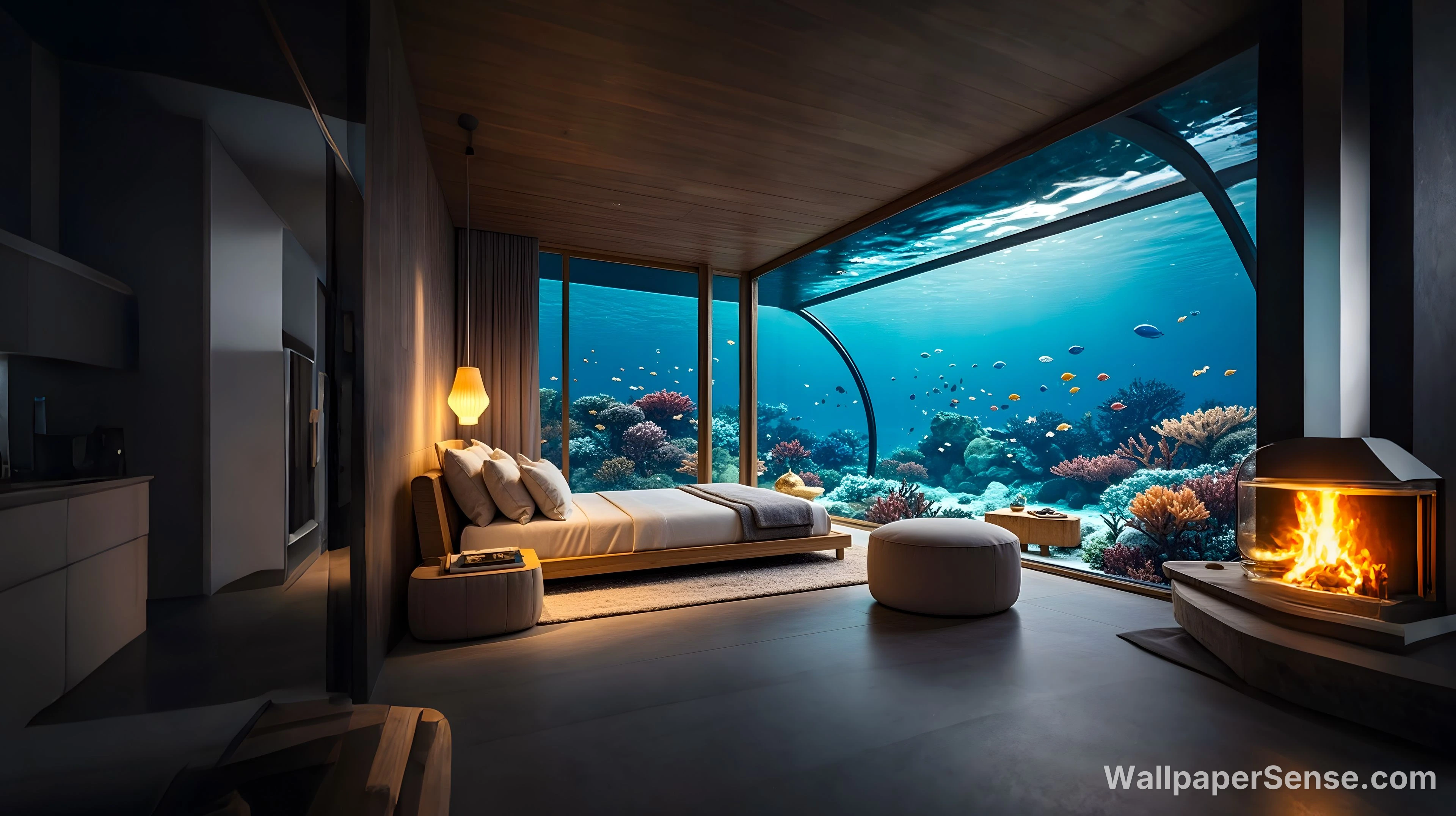 Colección de fondos de pantalla 4K y 8K Ultra HD: Habitación submarina - Fondo de pantalla 4K moderno de dormitorio submarino
