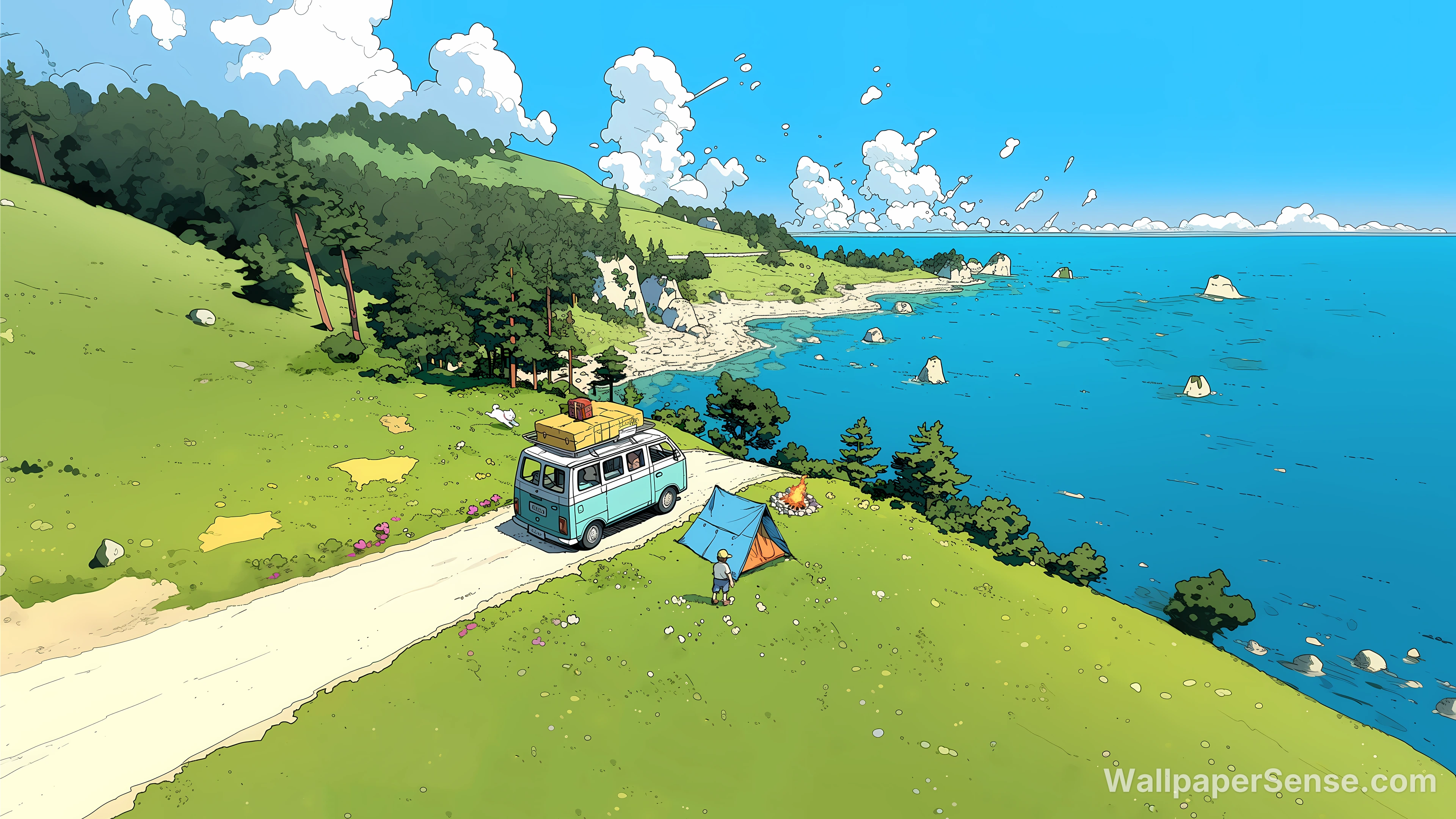 Anime Kamperen en Alpenroadtrip 8K Ultra HD Wallpaperverzameling - Anime kustkampplaats 8K Ultra HD bureaubladachtergrond