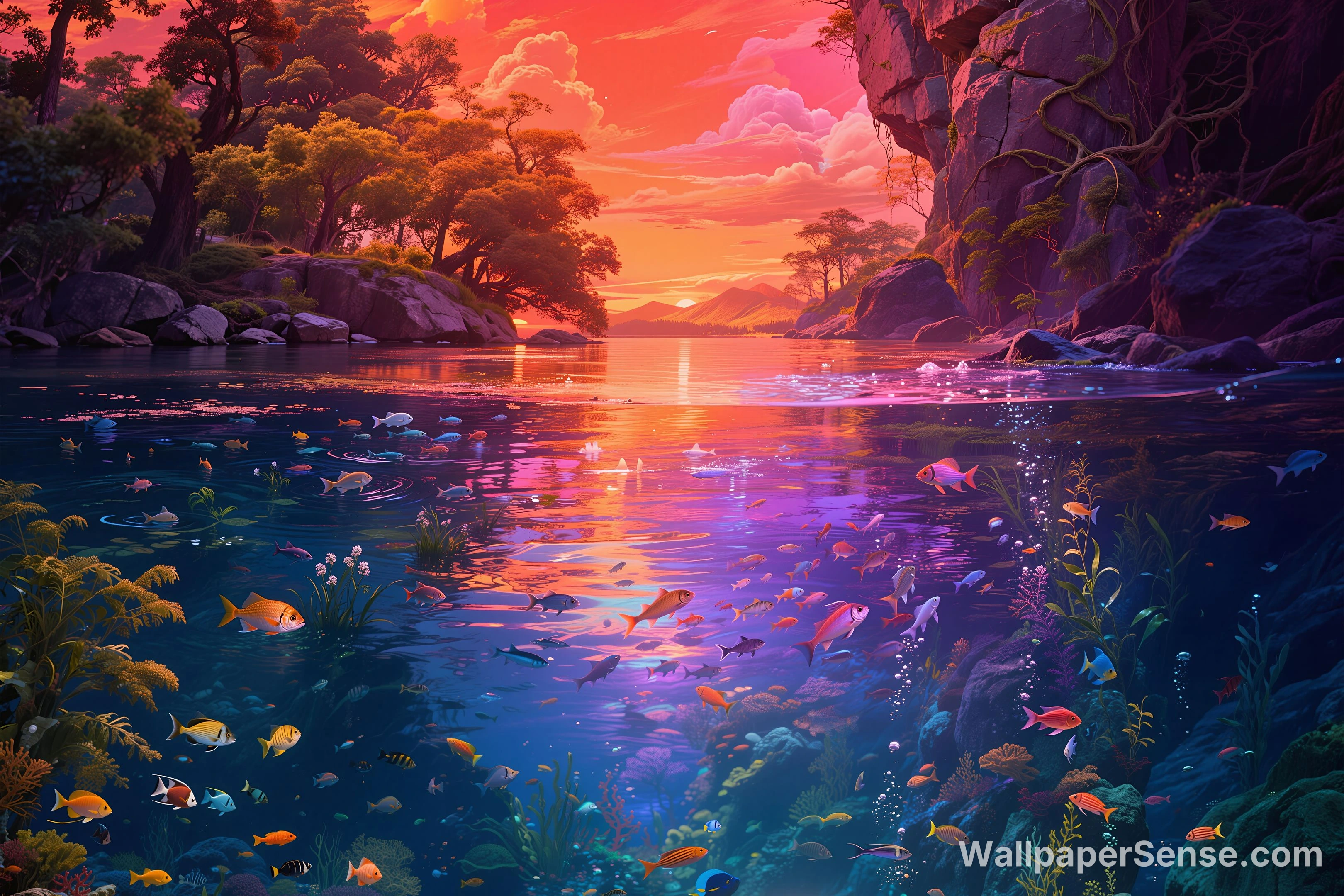 Lago Incantato con Banchi di Pesci, Wallpaper Desktop 8K - Premium wallpaper in 8192x5461 resolution