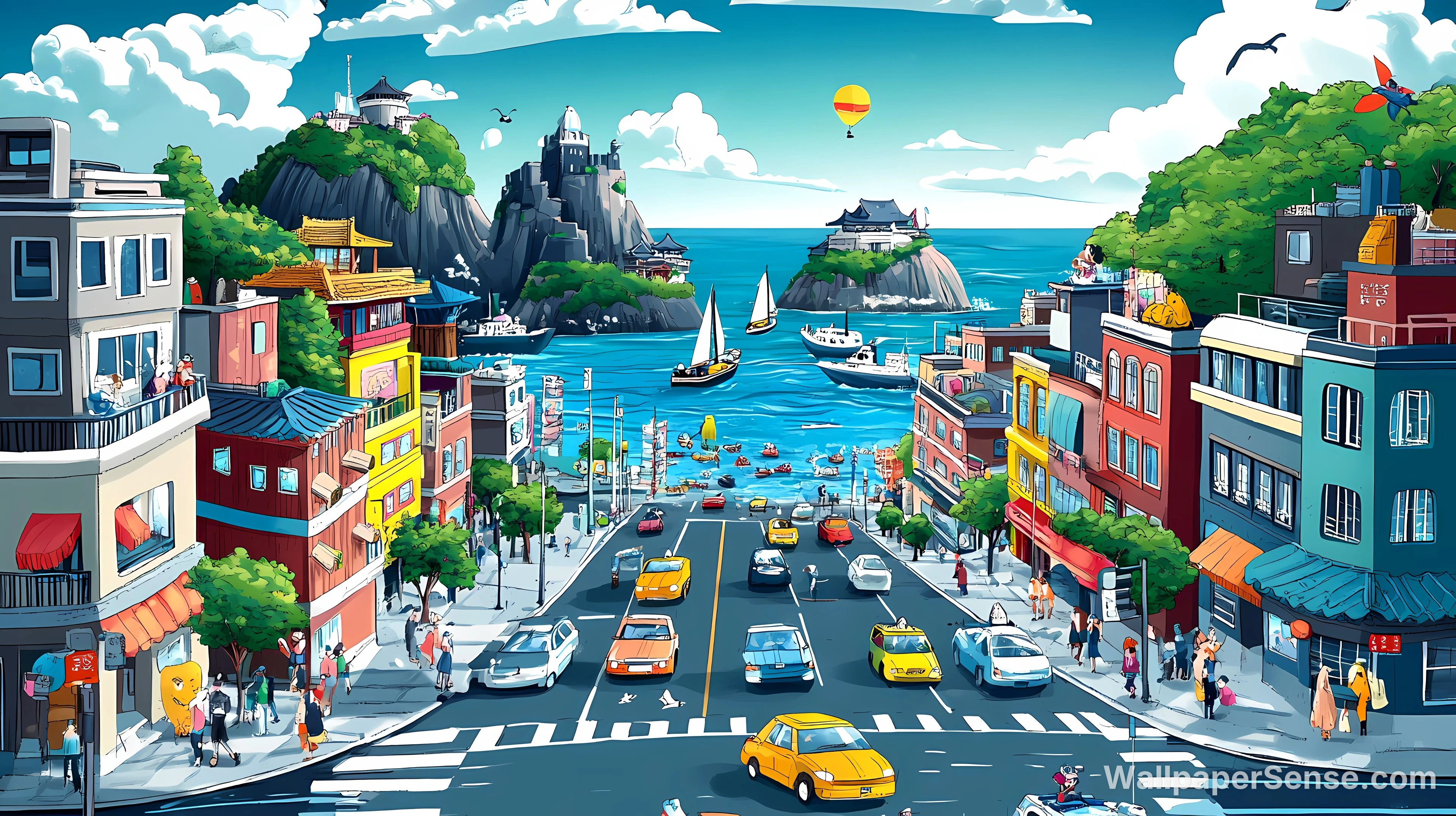 Japonské pobřežní město 4K 8K Ultra HD sbírka pozadí - Anime pobřežní město 4K stolní pozadí