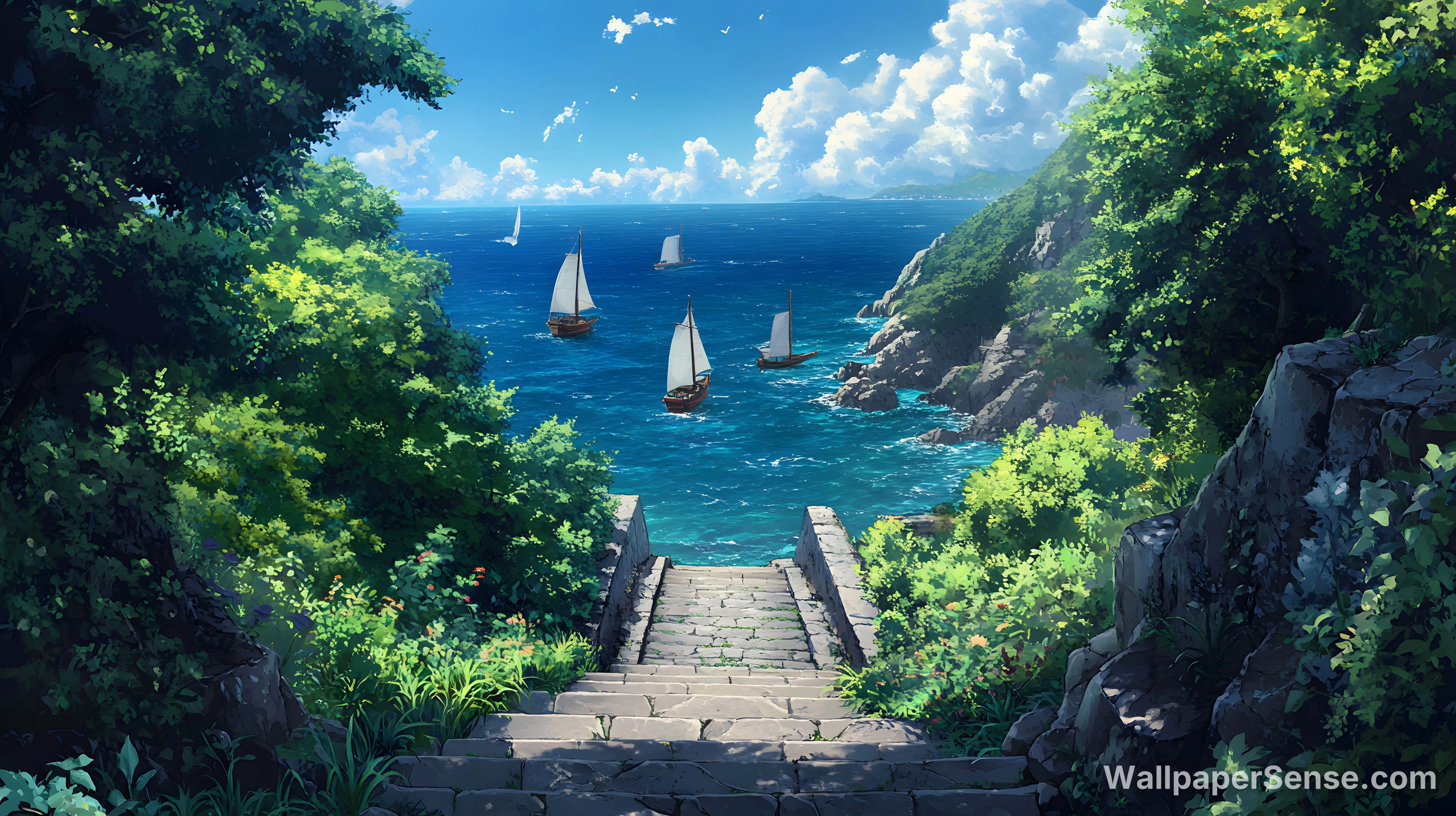 Japansk anime-kyst med sejlskibe, 8K ultra HD baggrundsbillede